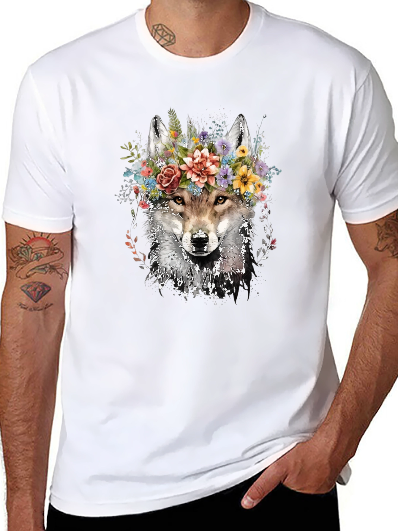 Wolf with Floral Crown Graphic Tee