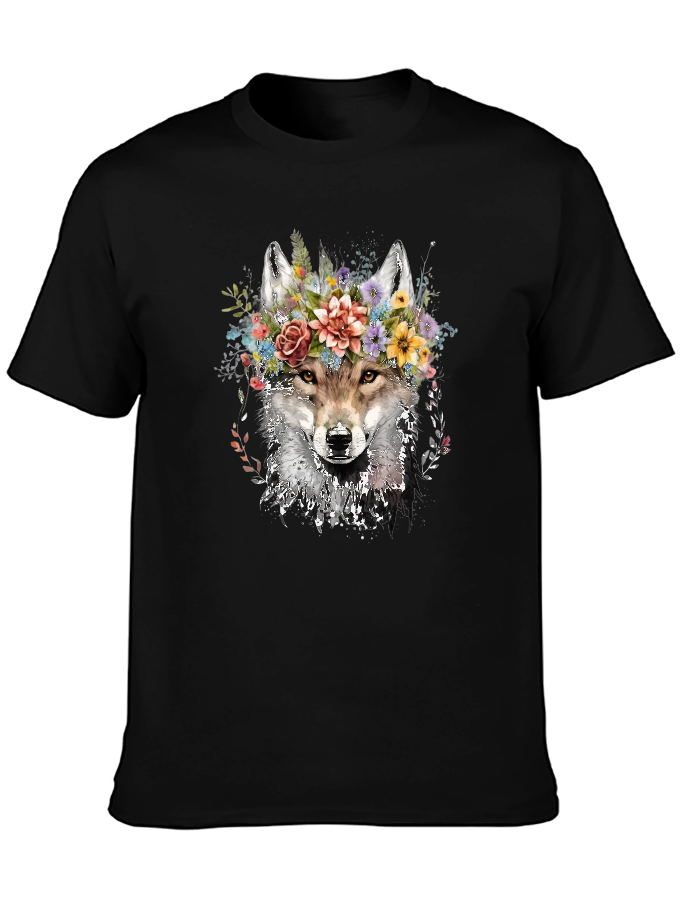 Wolf with Floral Crown Graphic Tee