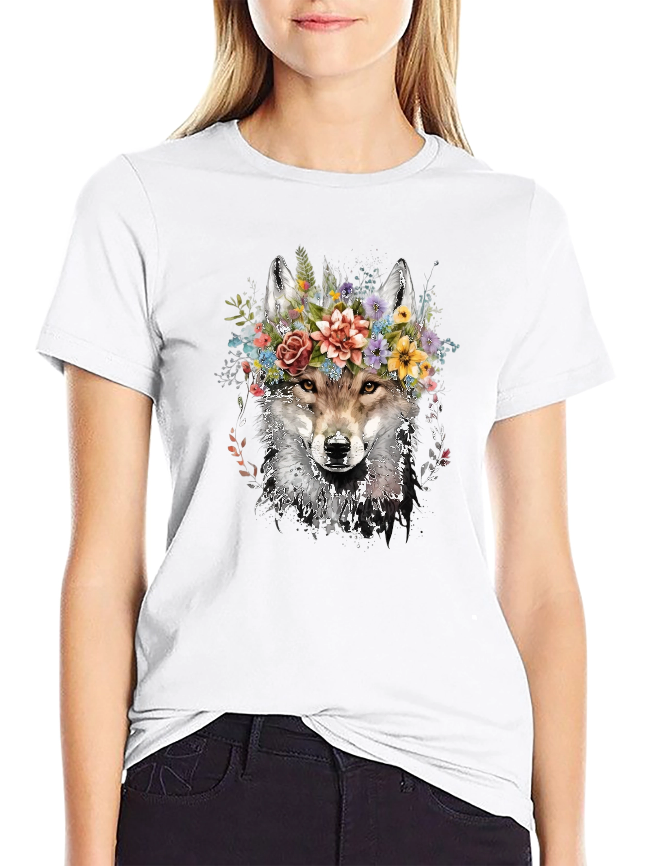 Wolf with Floral Crown Graphic Tee