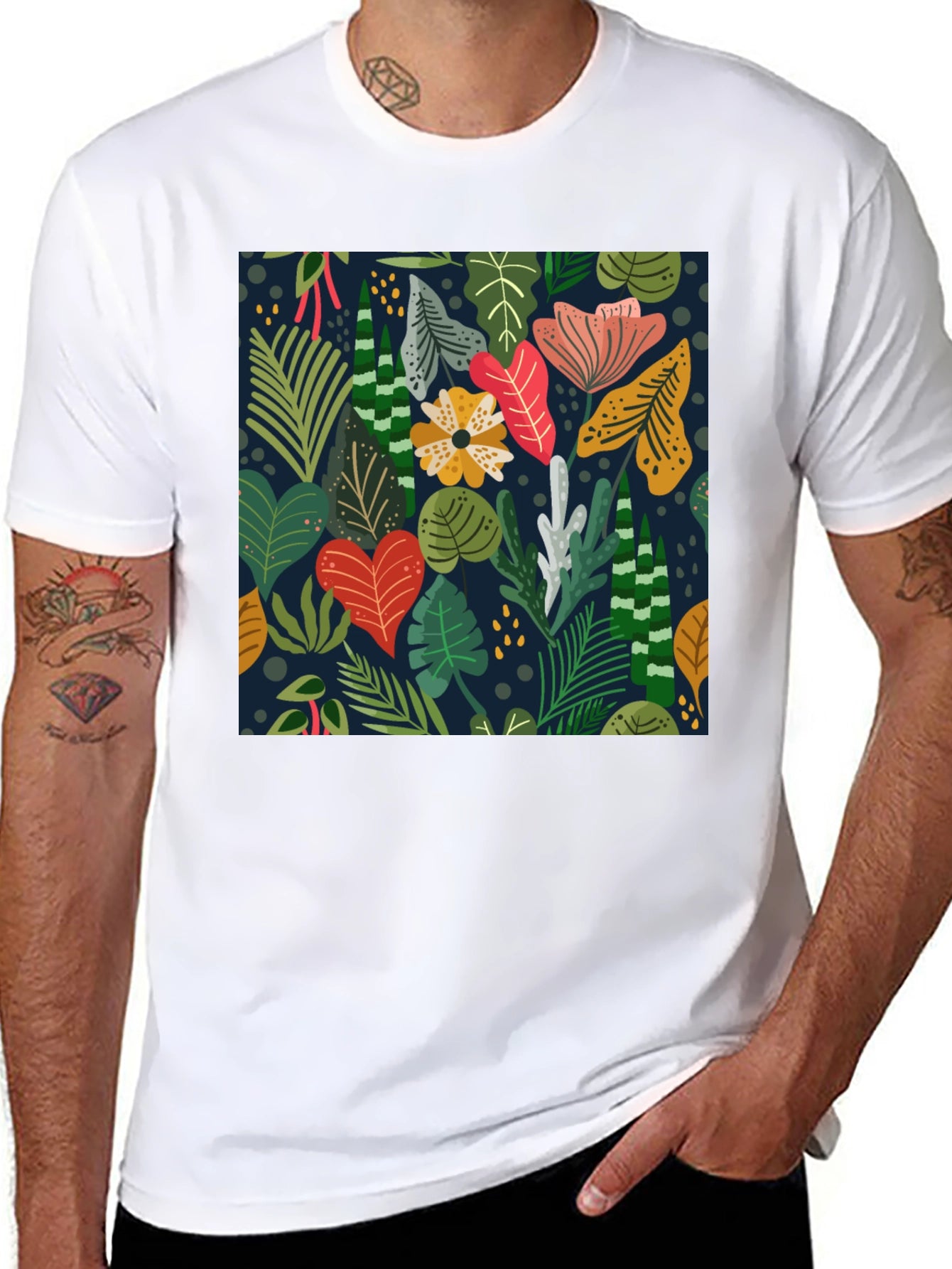 Tropical Floral Print Black T-Shirt