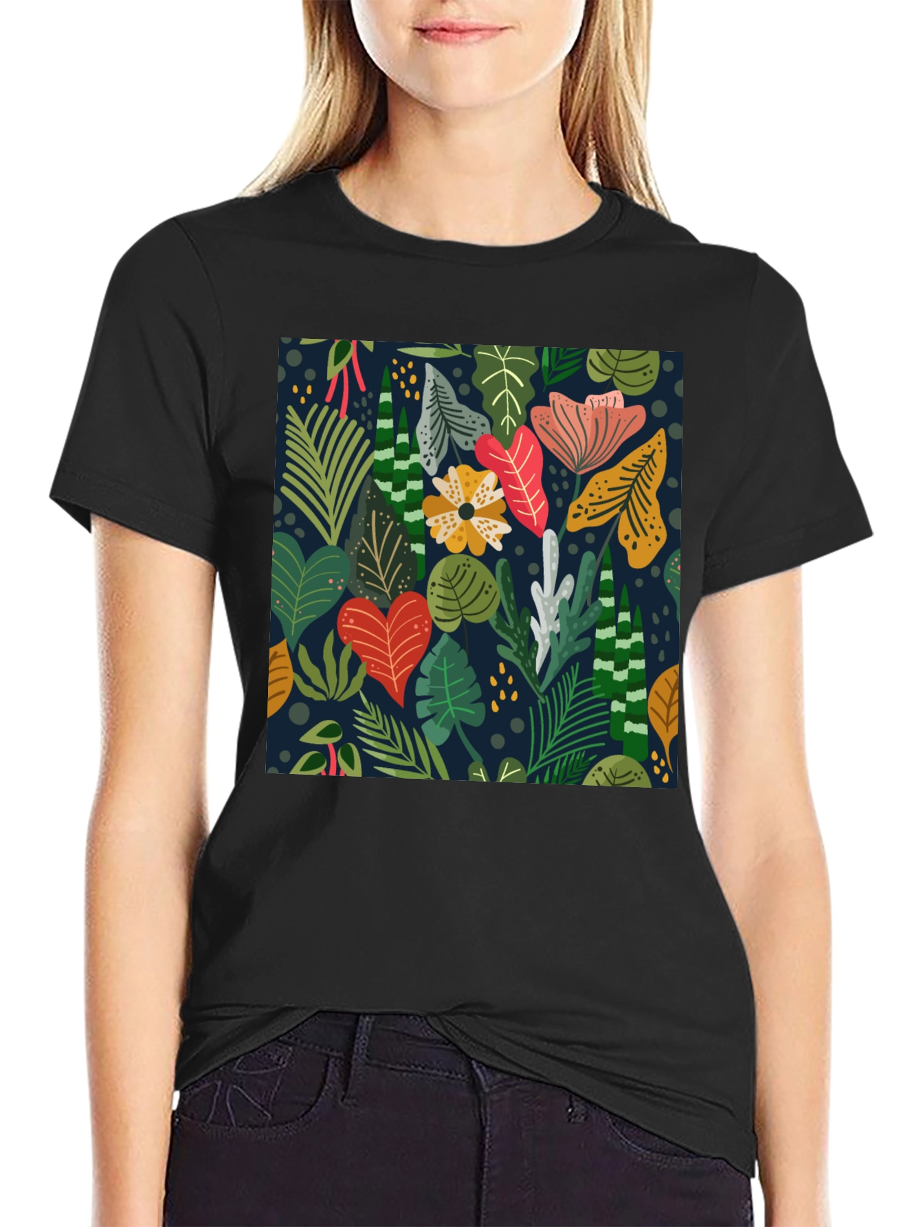 Tropical Floral Print Black T-Shirt