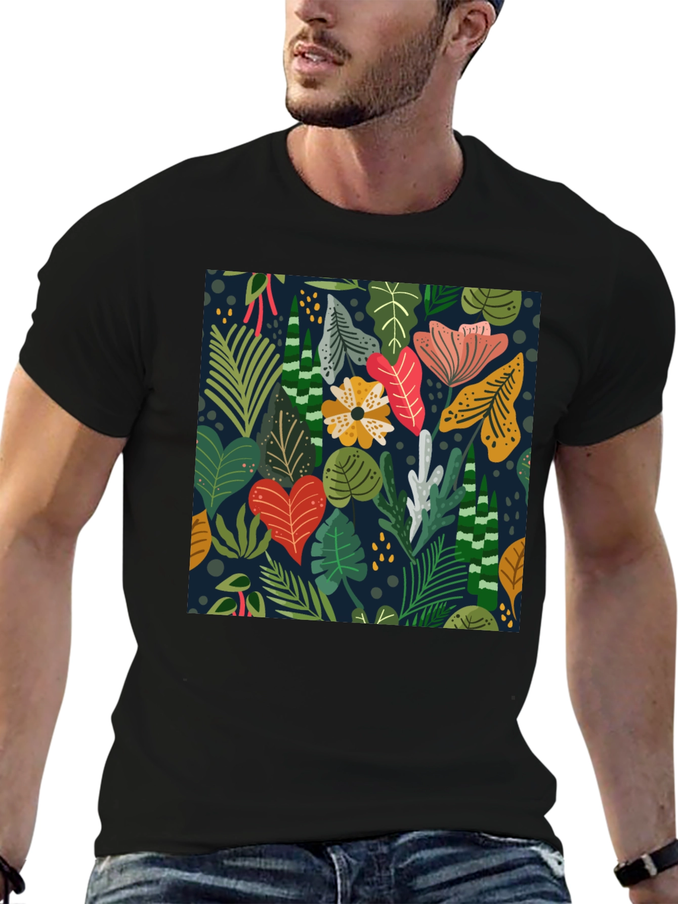 Tropical Floral Print Black T-Shirt