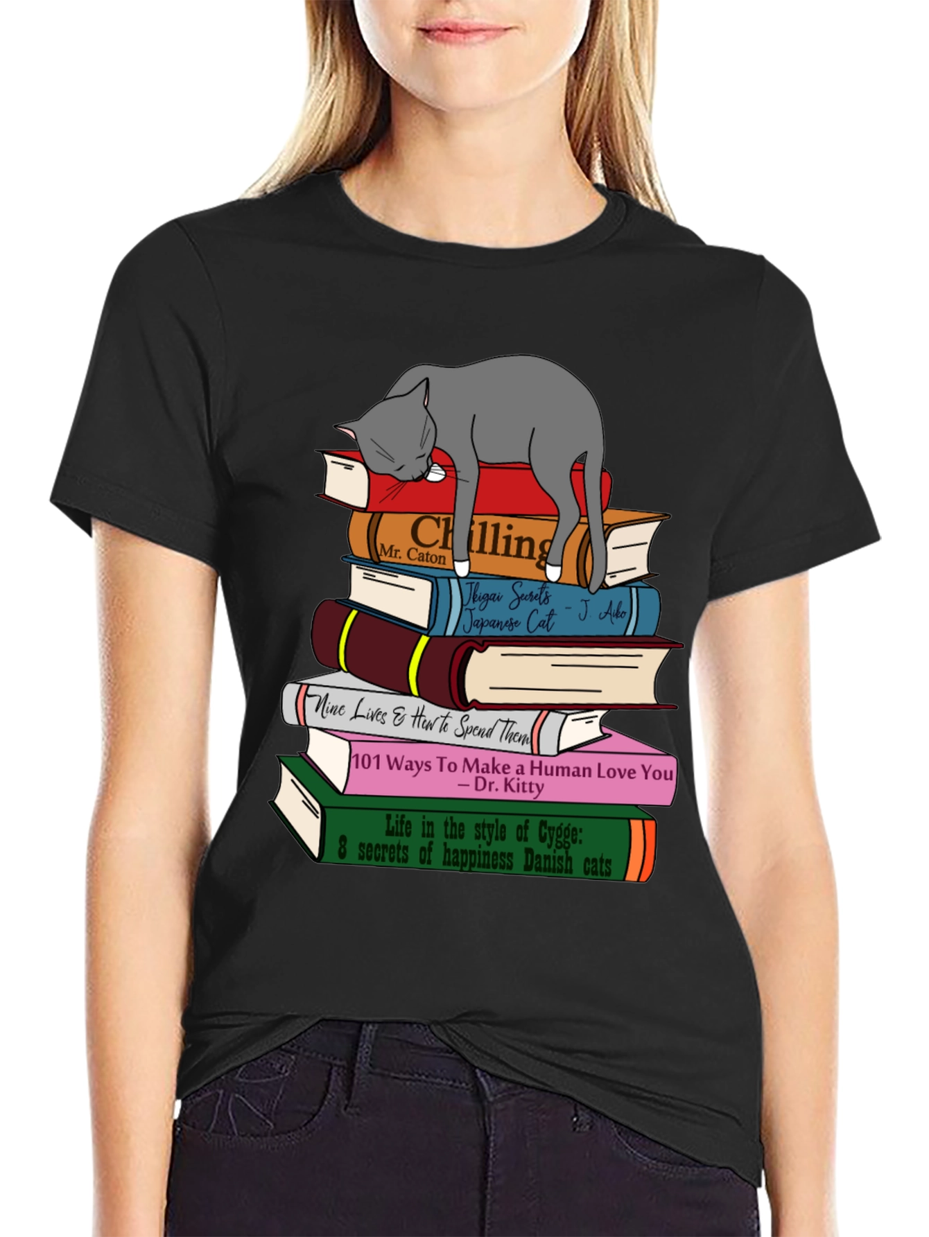 Cat Lover T-Shirt: Book Stack & Sleeping Cat Design