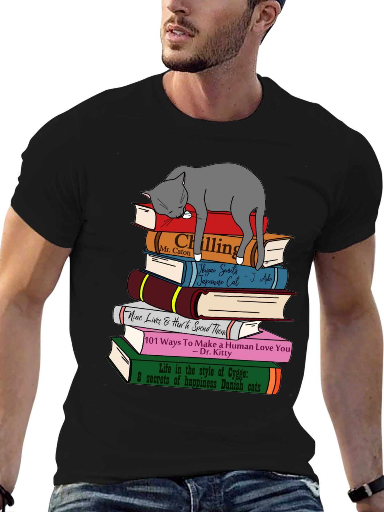 Cat Lover T-Shirt: Book Stack & Sleeping Cat Design