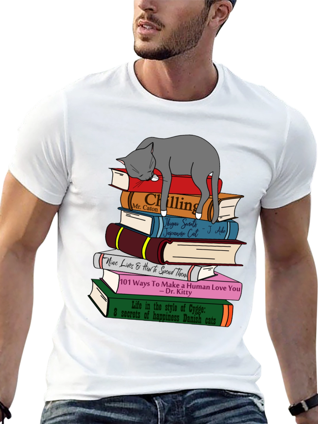 Cat Lover T-Shirt: Book Stack & Sleeping Cat Design