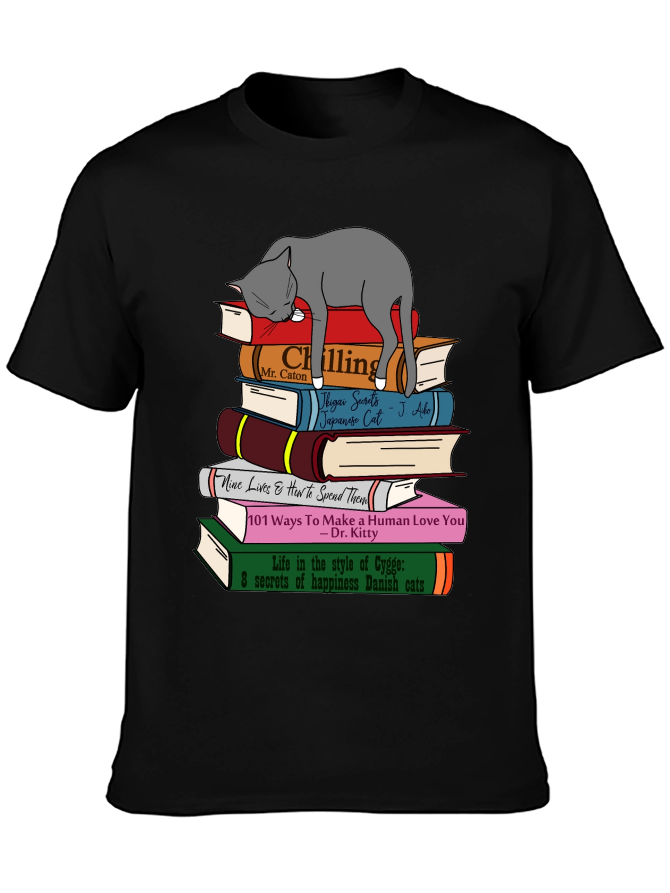 Cat Lover T-Shirt: Book Stack & Sleeping Cat Design