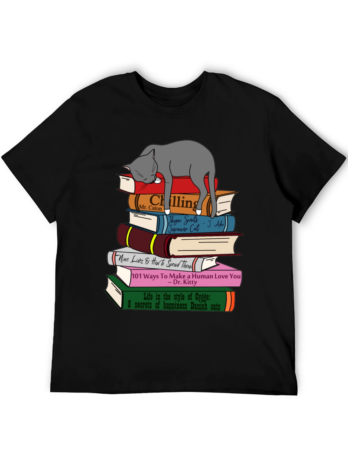 Cat Lover T-Shirt: Book Stack & Sleeping Cat Design