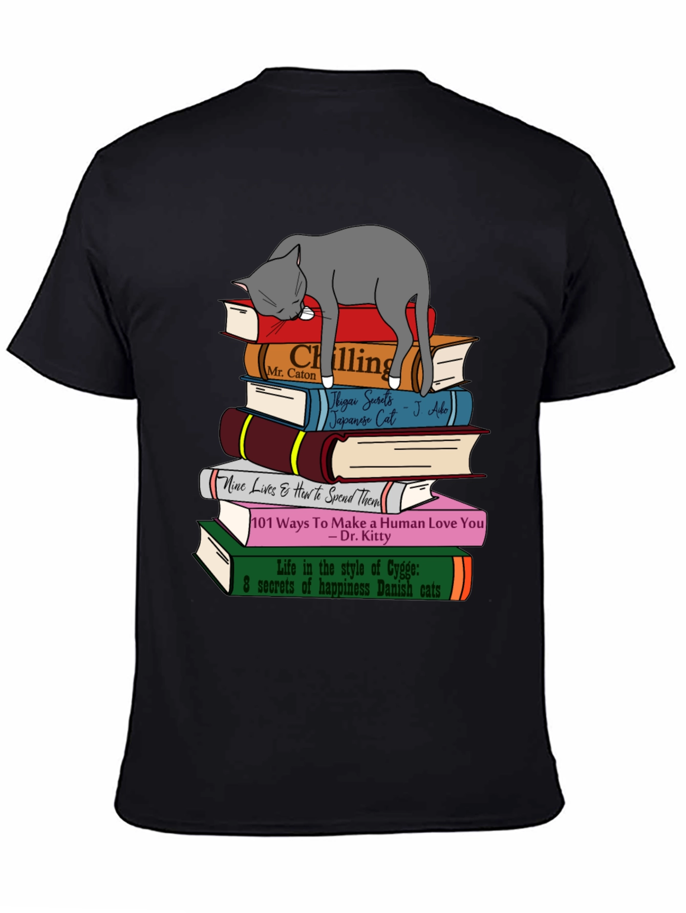 Cat Lover T-Shirt: Book Stack & Sleeping Cat Design