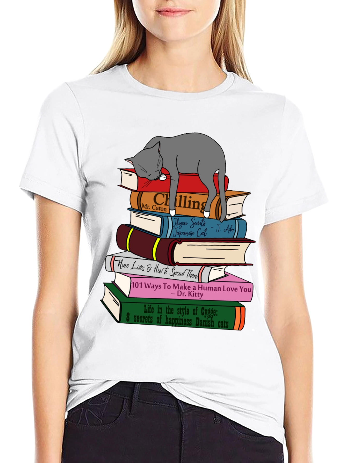 Cat Lover T-Shirt: Book Stack & Sleeping Cat Design
