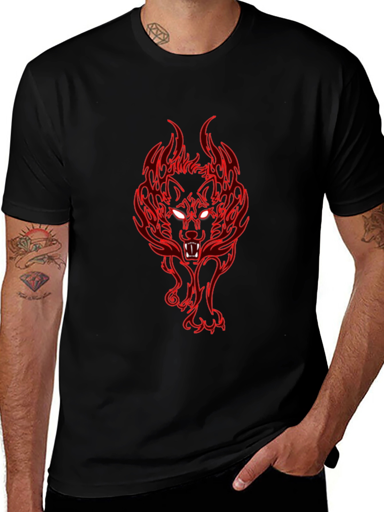 Fiery Wolf Graphic Tee - Black Cotton T-Shirt