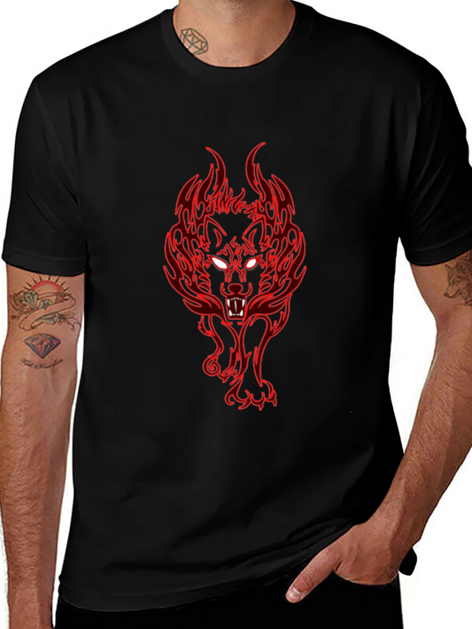 Fiery Wolf Graphic Tee - Black Cotton T-Shirt