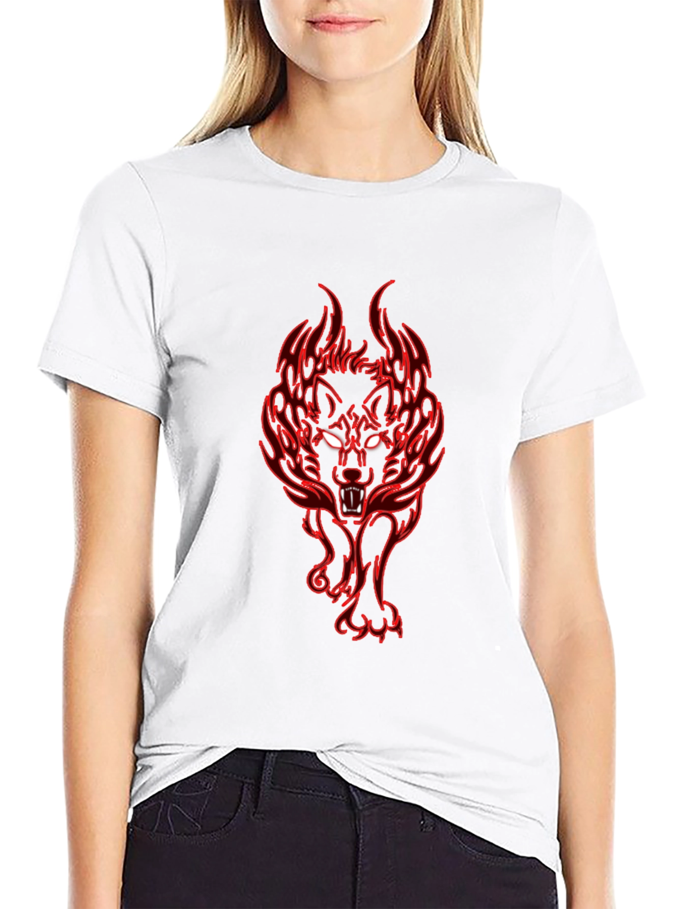 Fiery Wolf Graphic Tee - Black Cotton T-Shirt