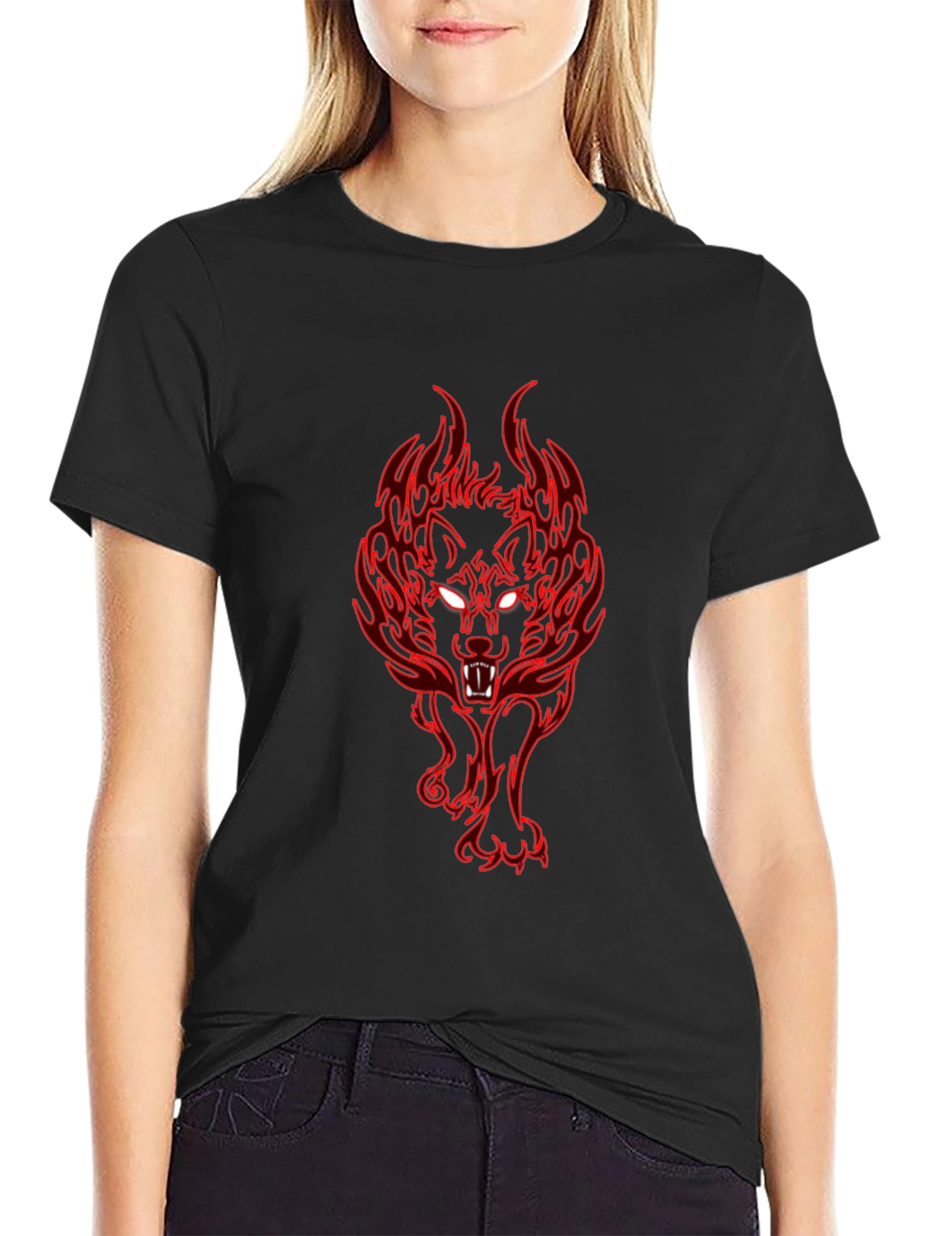 Fiery Wolf Graphic Tee - Black Cotton T-Shirt
