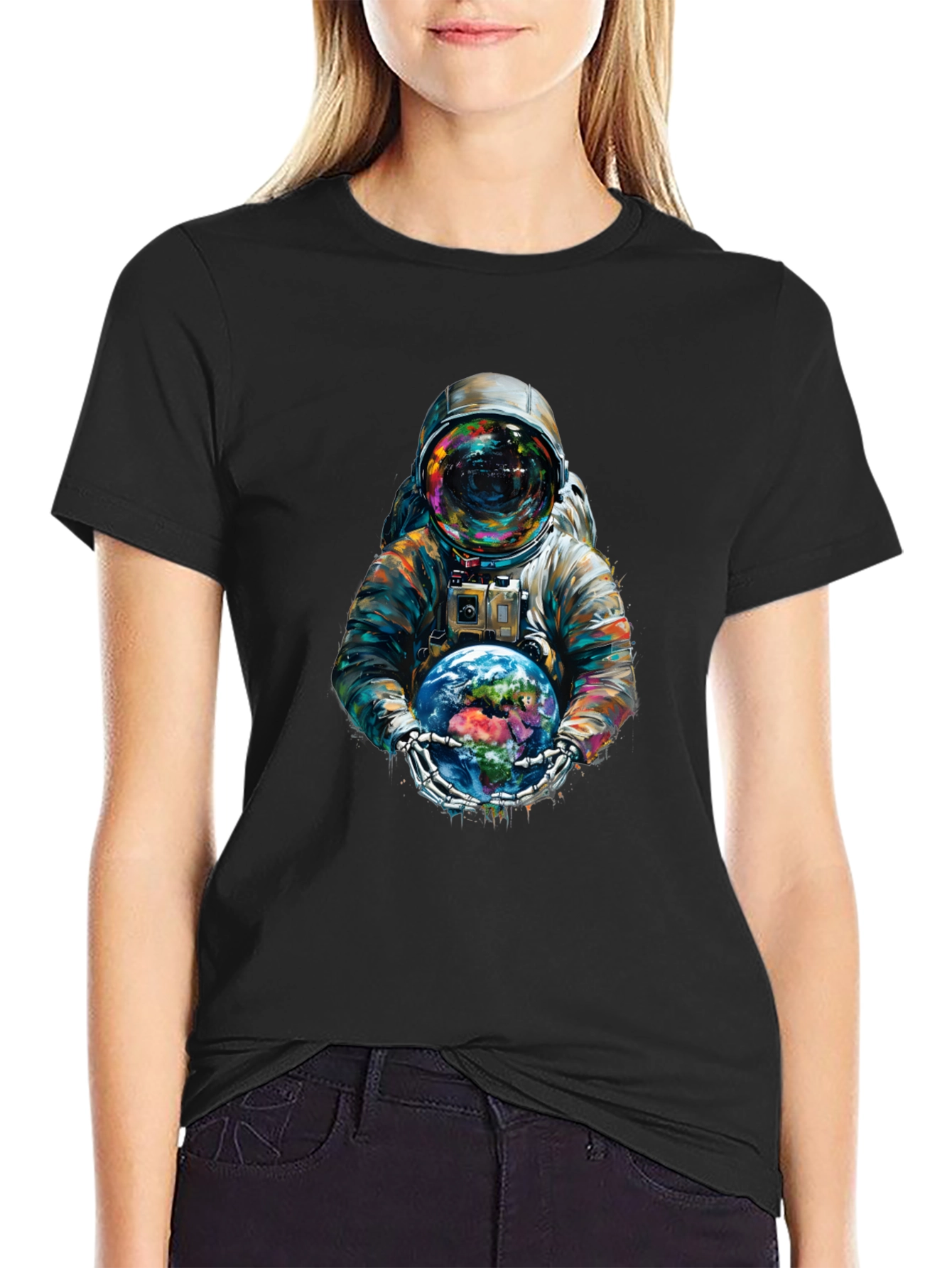 Astronaut Earth Graphic Tee - Black Cotton Blend