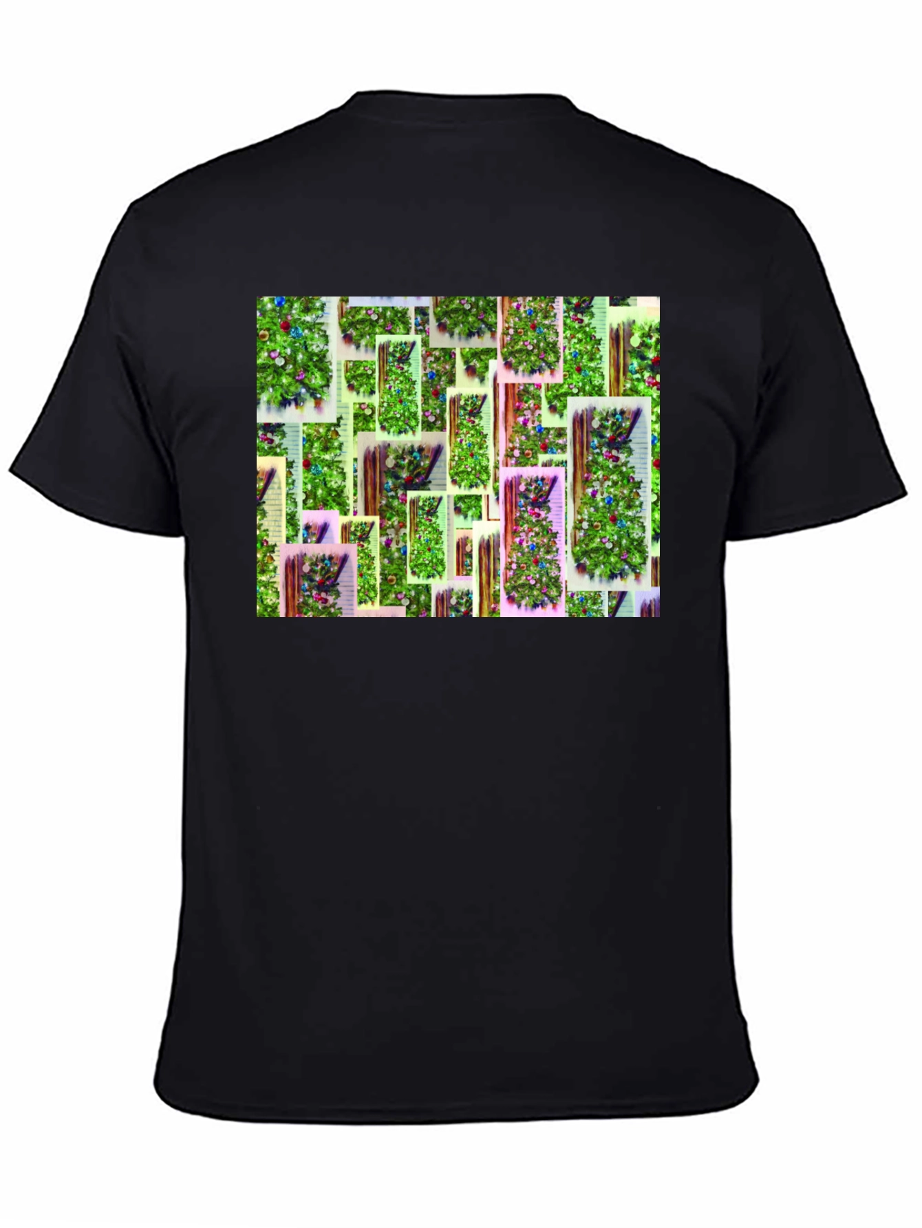 Festive Christmas Tree Pattern Black T-Shirt