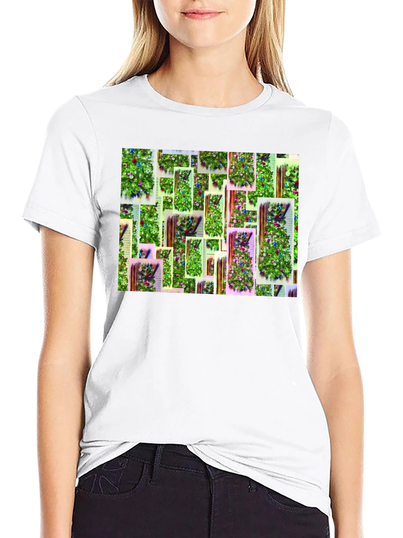 Festive Christmas Tree Pattern Black T-Shirt