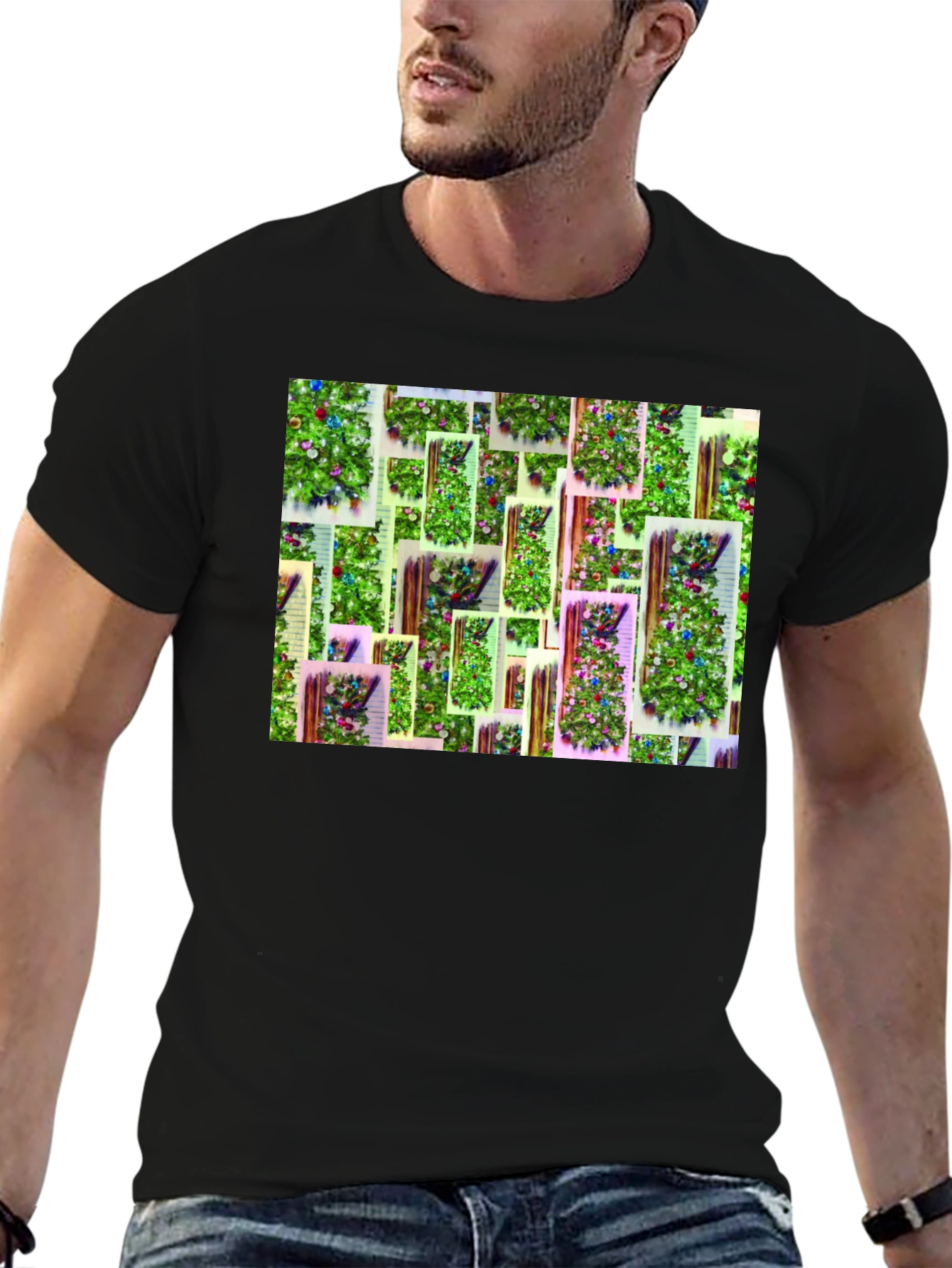Festive Christmas Tree Pattern Black T-Shirt