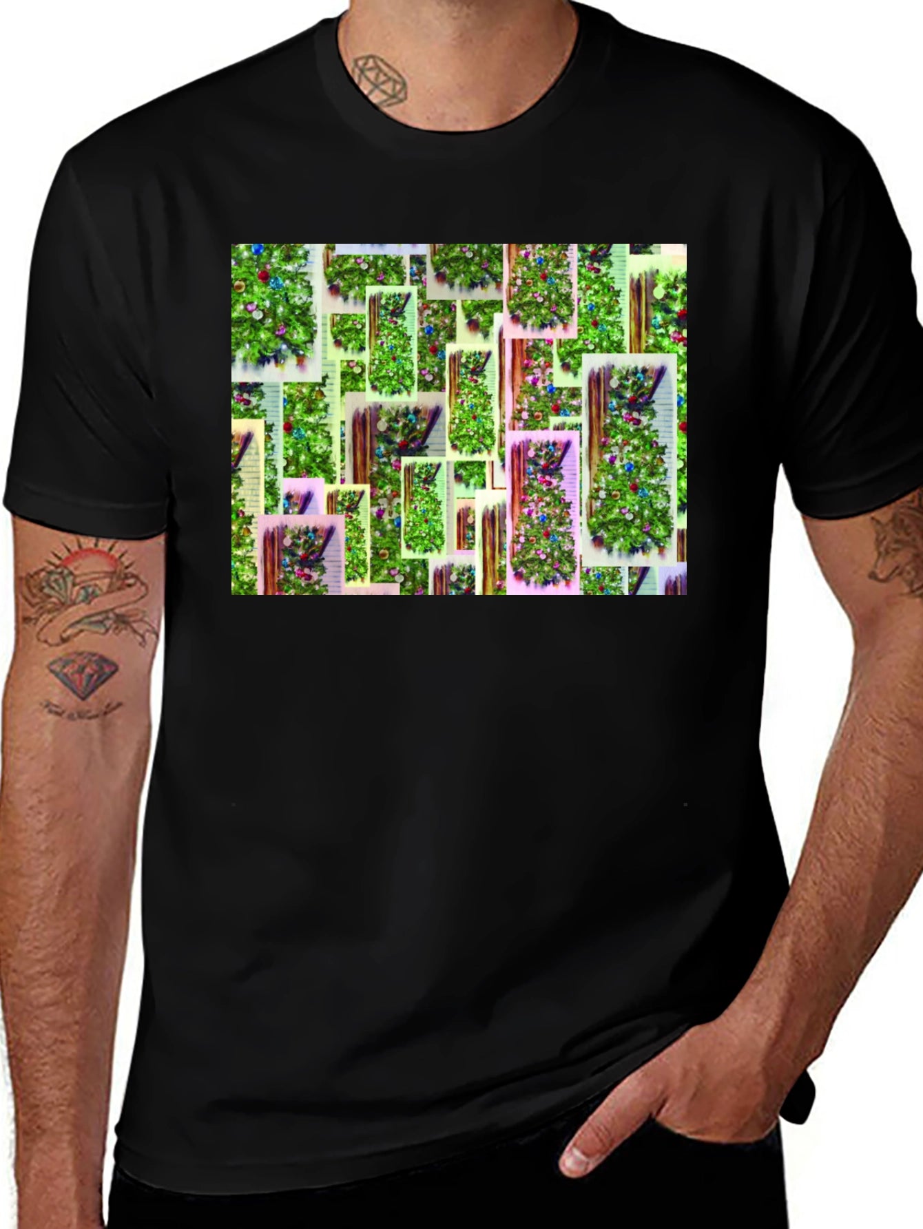 Festive Christmas Tree Pattern Black T-Shirt