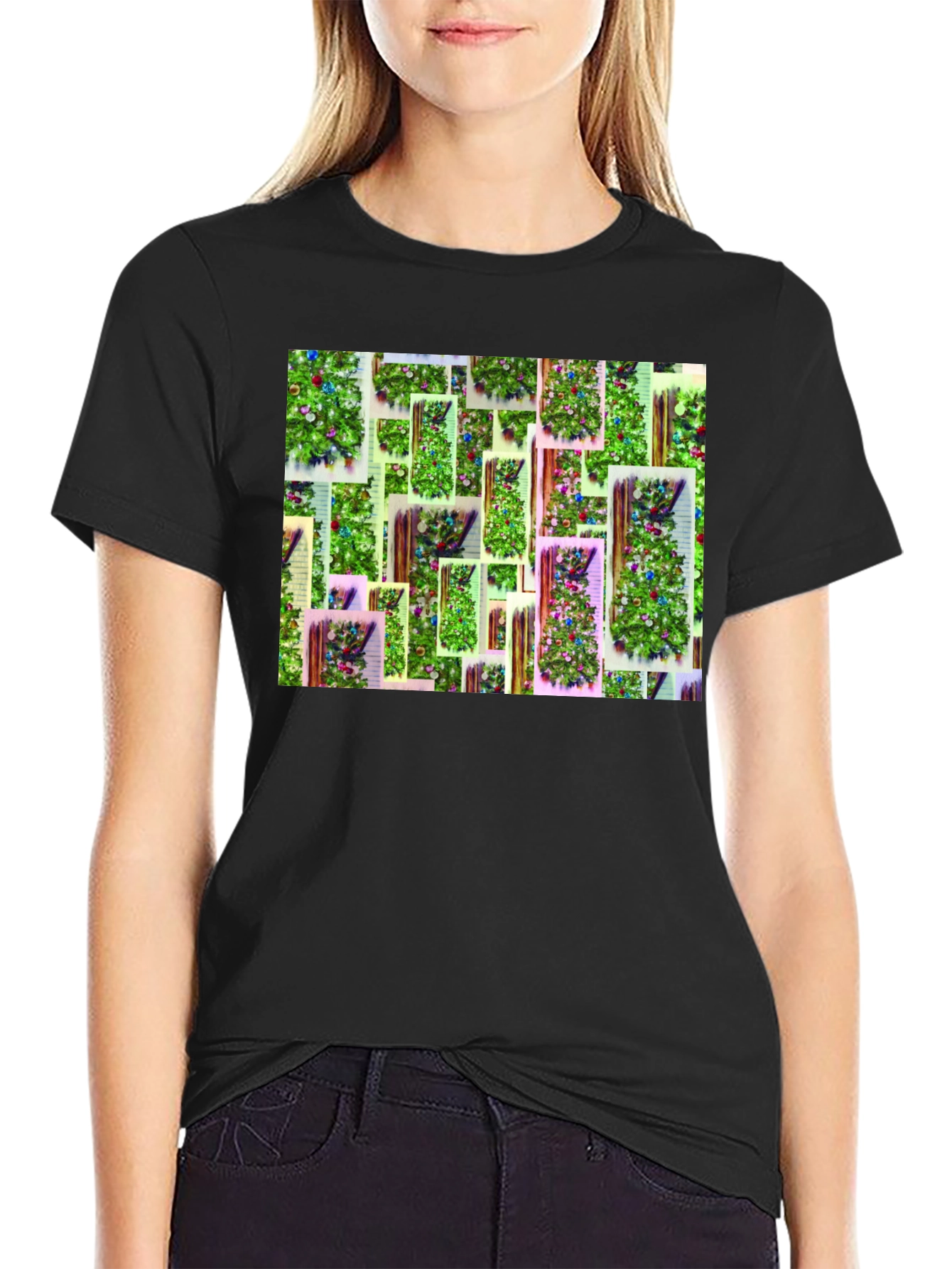 Festive Christmas Tree Pattern Black T-Shirt