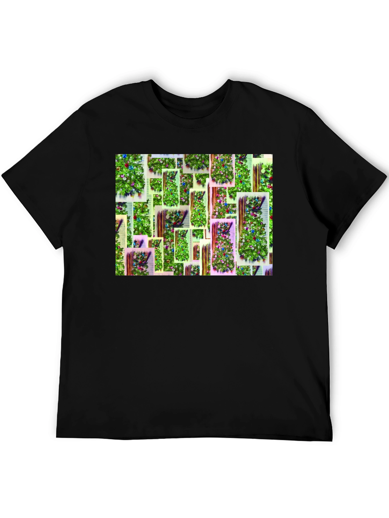 Festive Christmas Tree Pattern Black T-Shirt