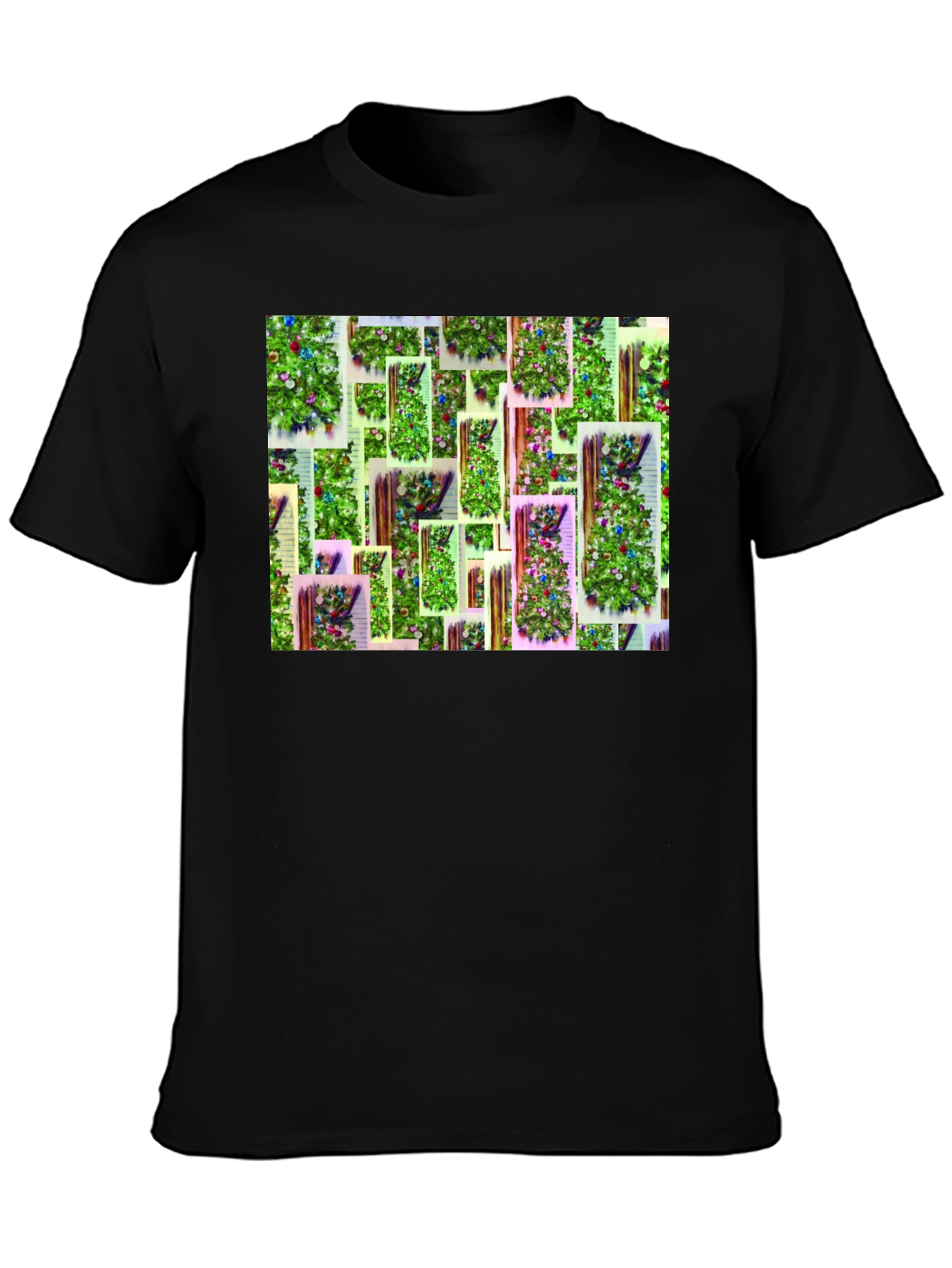 Festive Christmas Tree Pattern Black T-Shirt