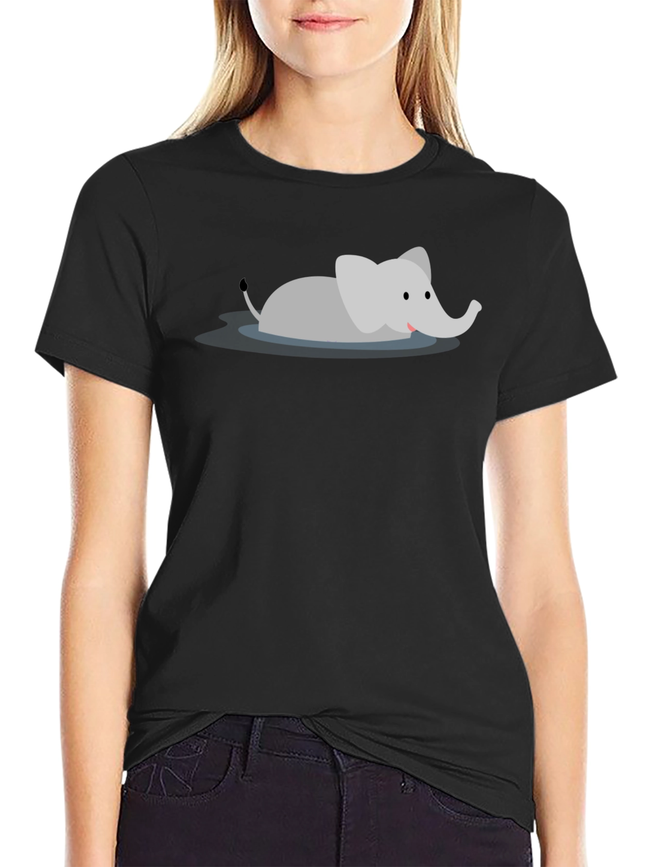 Cute Cartoon Elephant Black T-Shirt