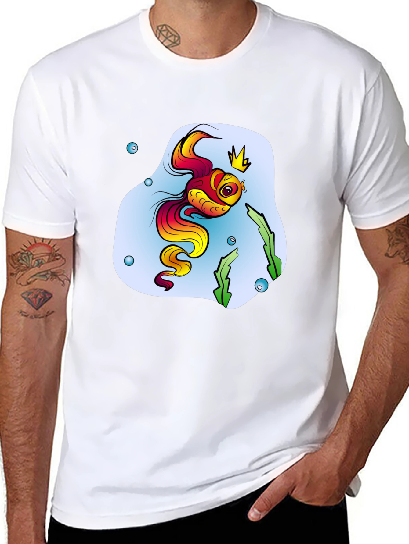 Cartoon Fish King Mens Black T-Shirt