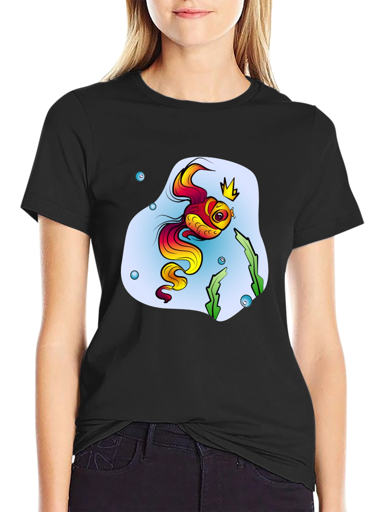 Cartoon Fish King Mens Black T-Shirt
