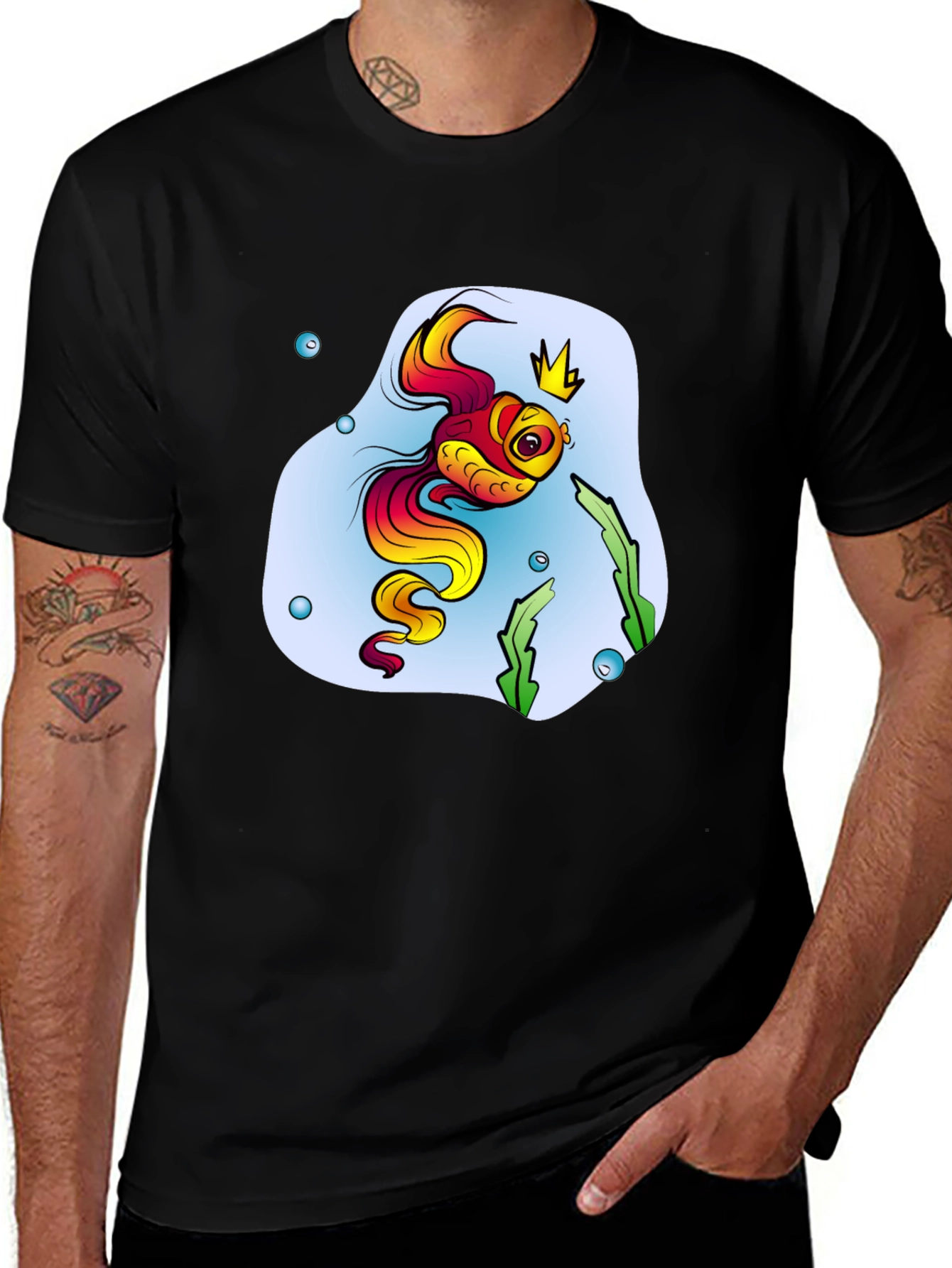 Cartoon Fish King Mens Black T-Shirt