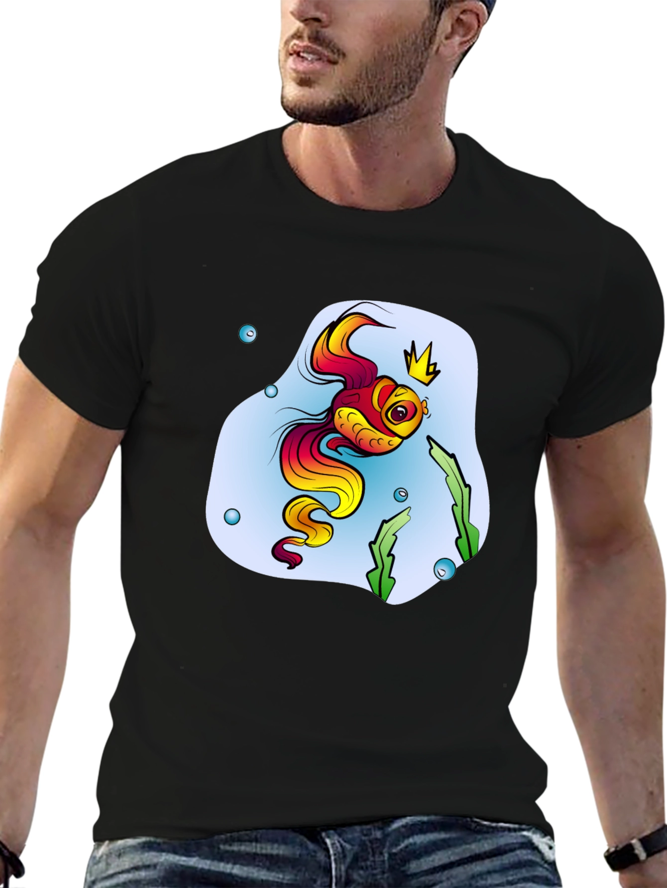 Cartoon Fish King Mens Black T-Shirt