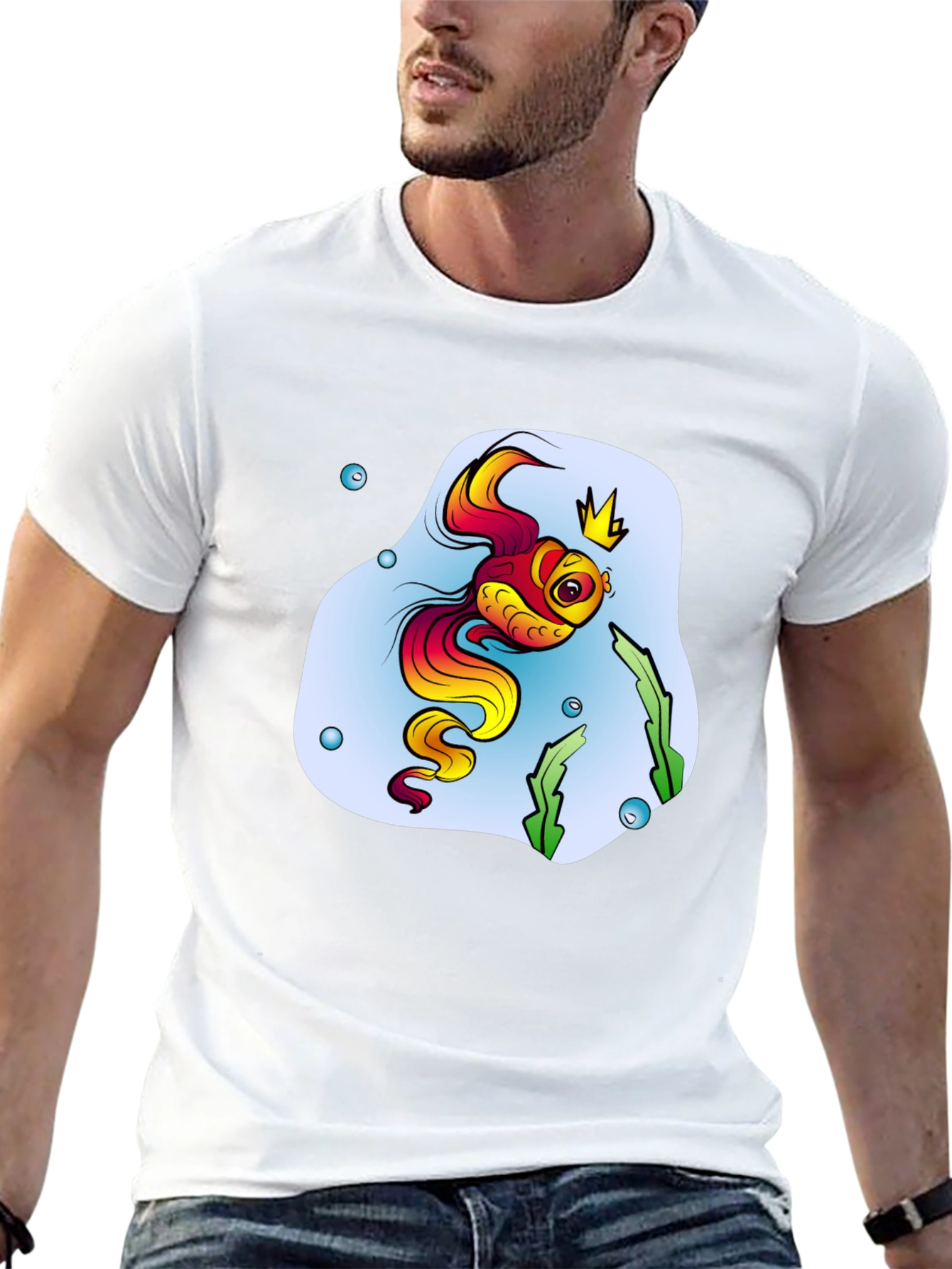 Cartoon Fish King Mens Black T-Shirt