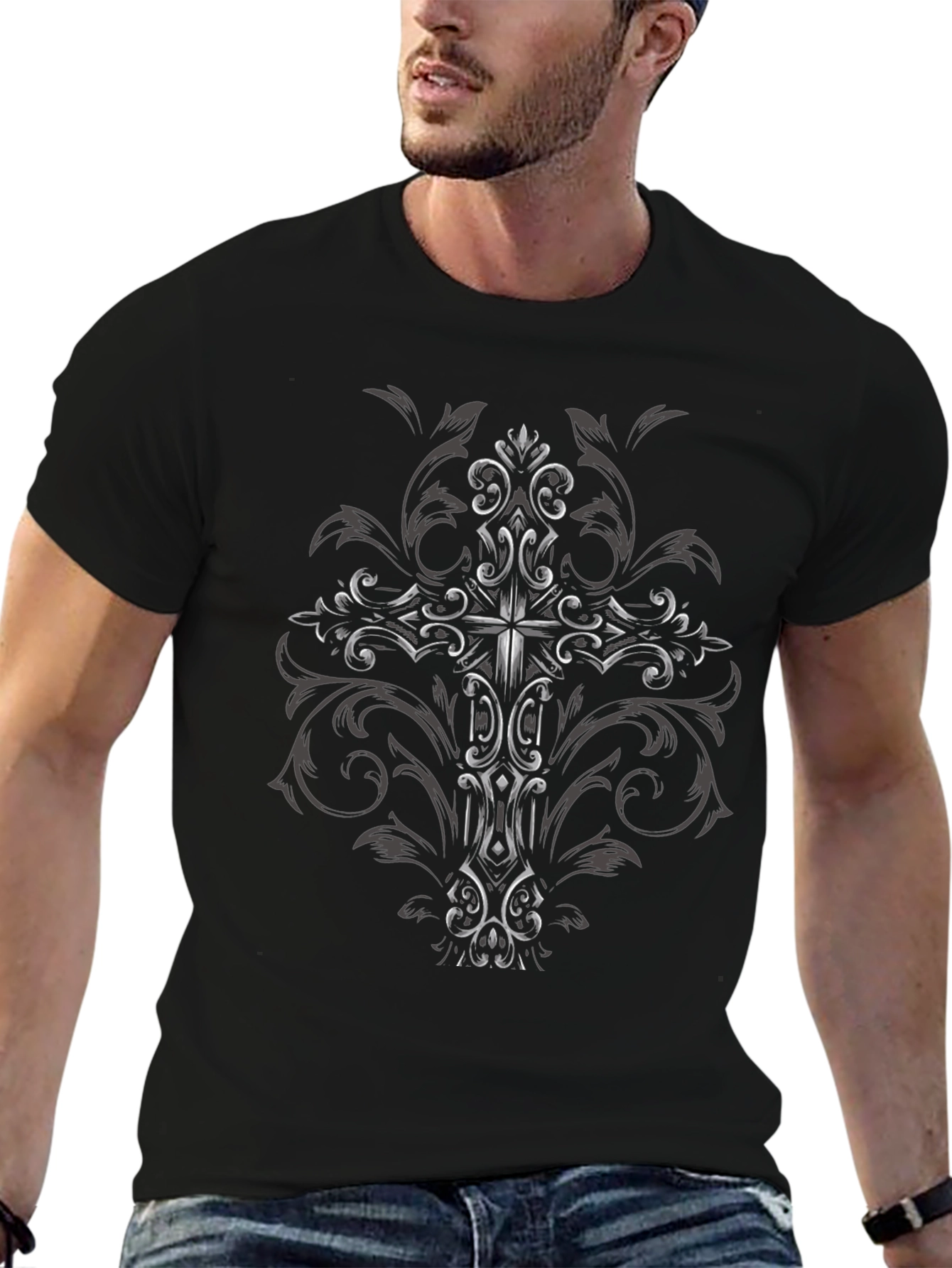 Ornate Cross Graphic Black T-Shirt