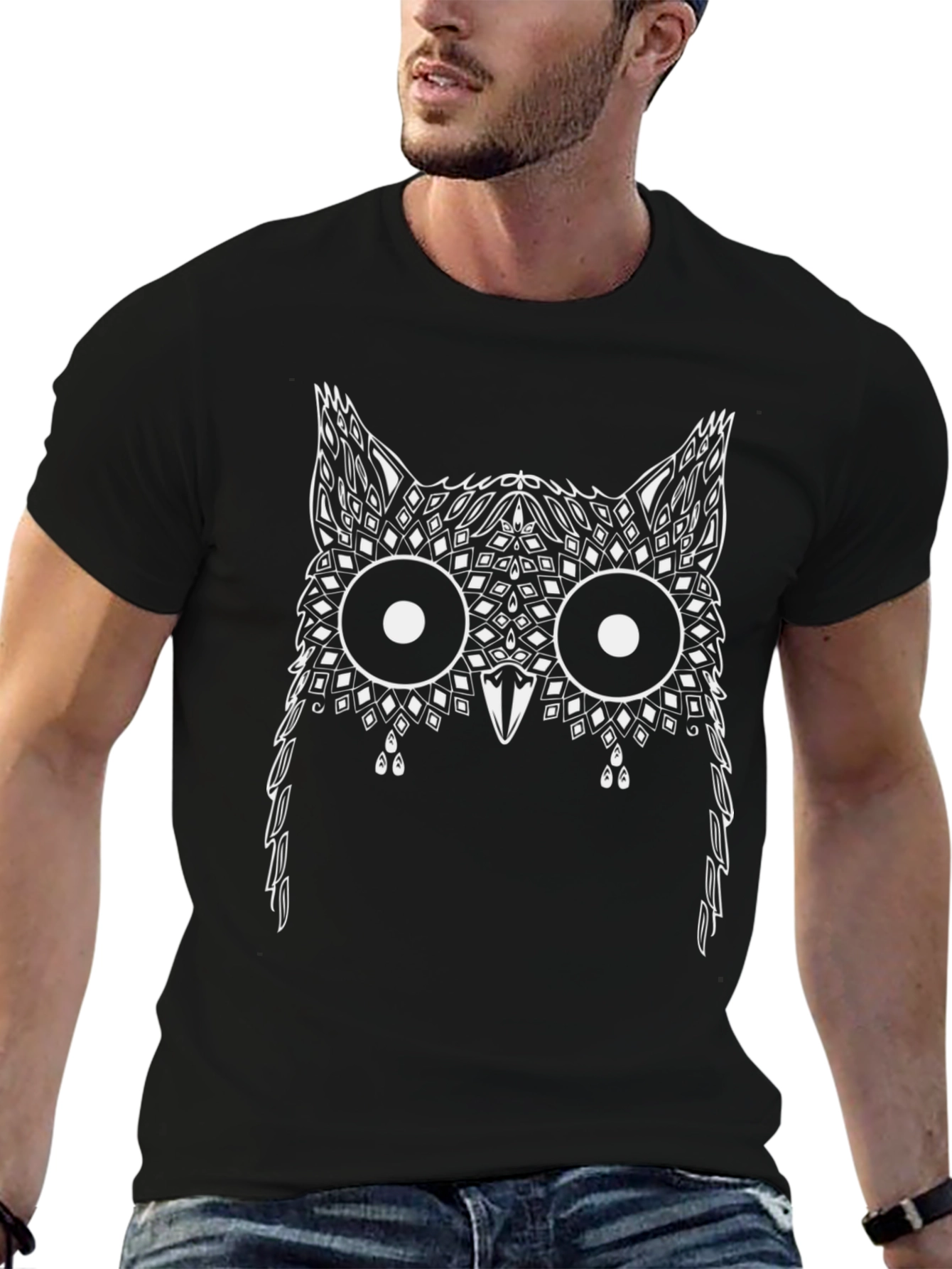Abstract Owl Graphic Print Black T-Shirt
