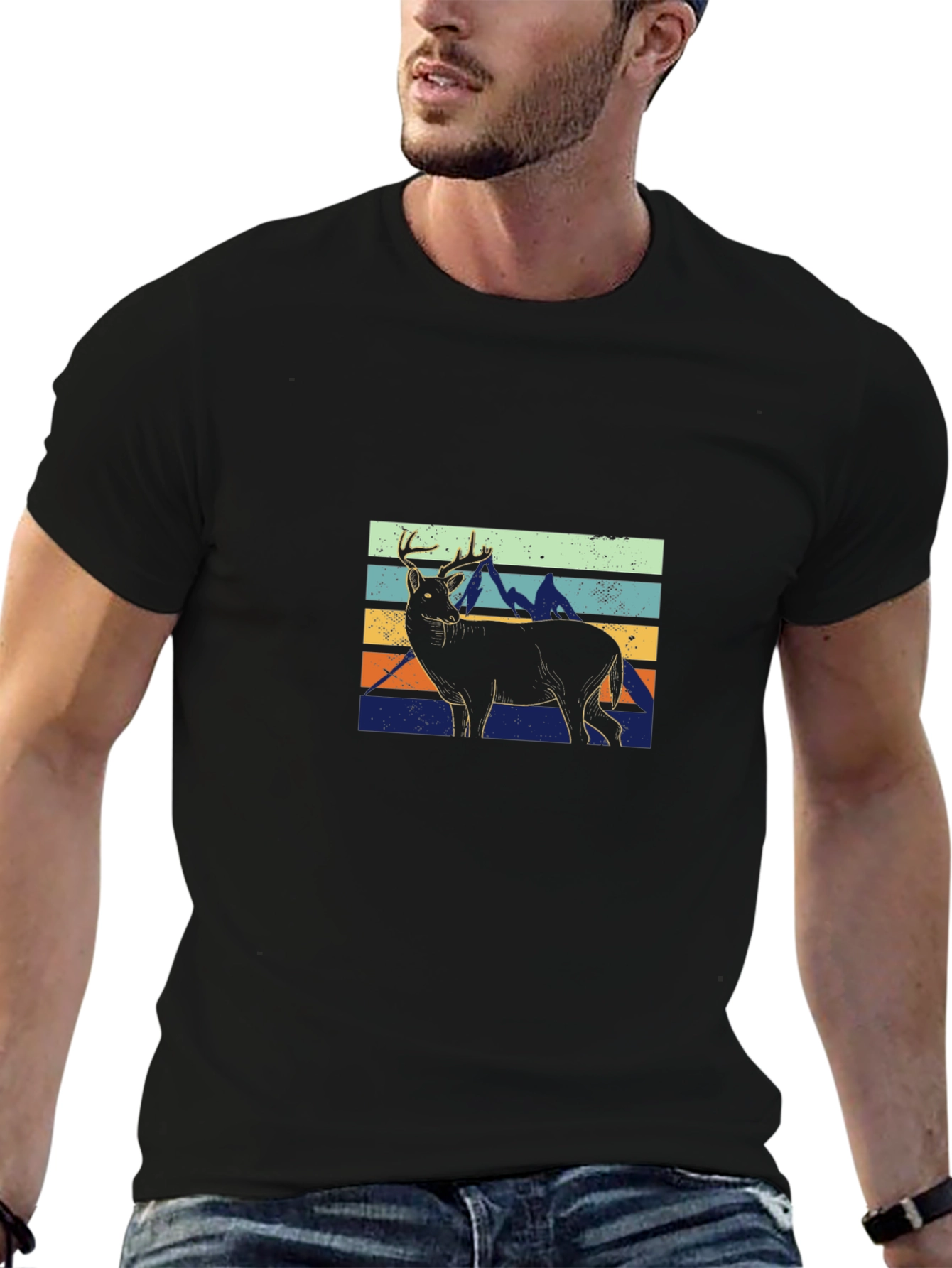 Retro Deer & Mountains Graphic T-Shirt - Black