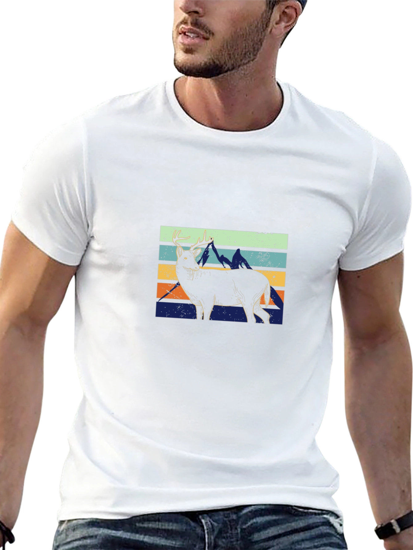 Retro Deer & Mountains Graphic T-Shirt - Black
