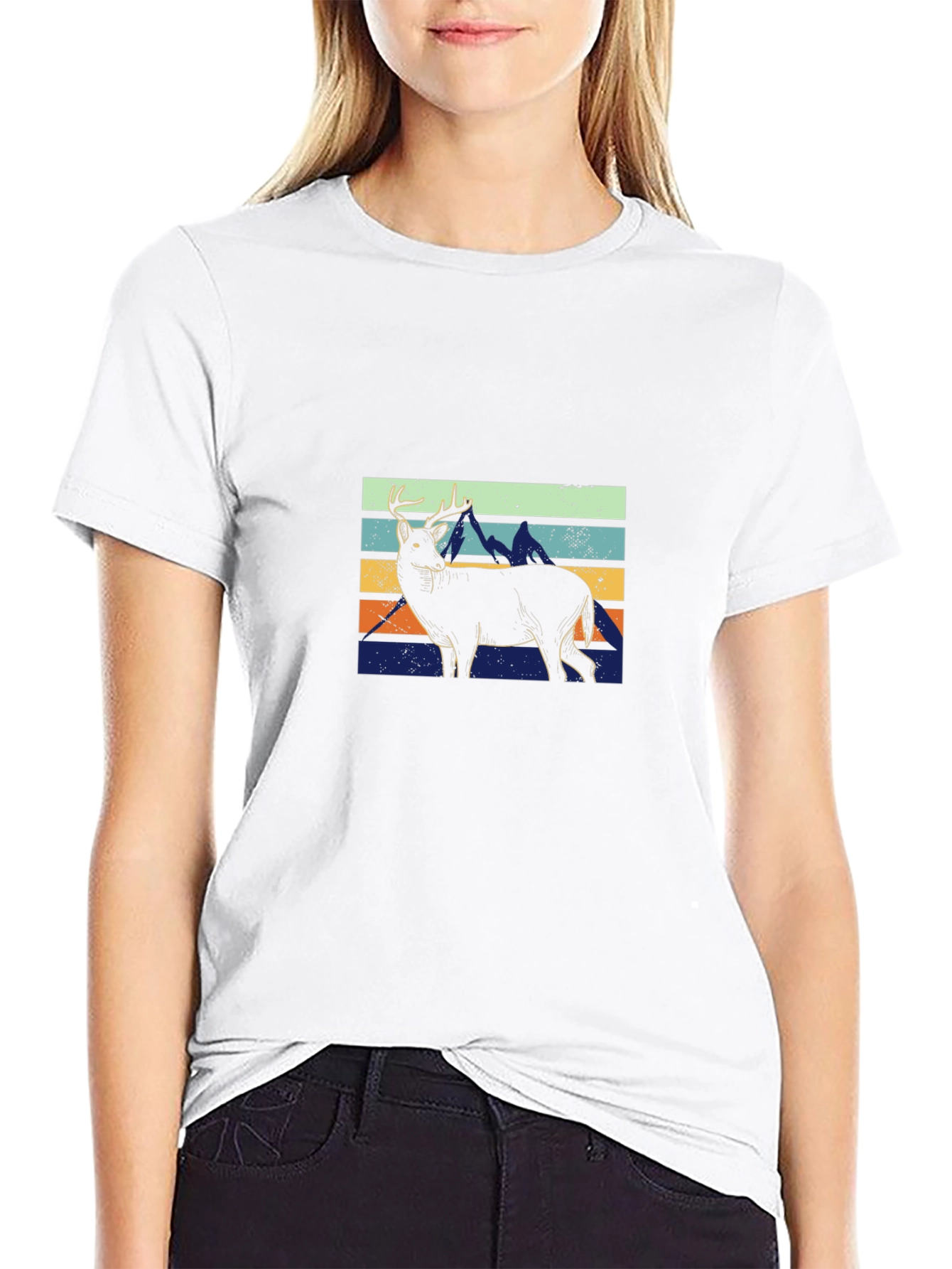 Retro Deer & Mountains Graphic T-Shirt - Black