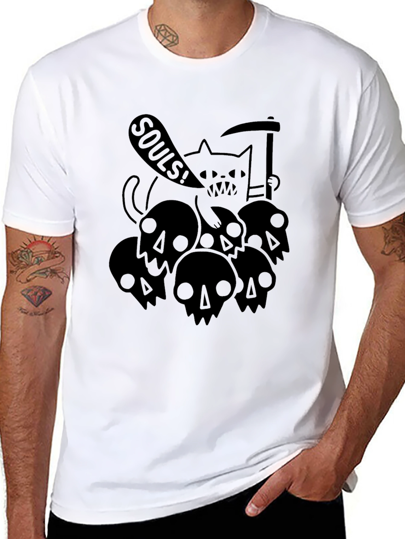 Grim Reaper Cat Souls Graphic Black T-Shirt