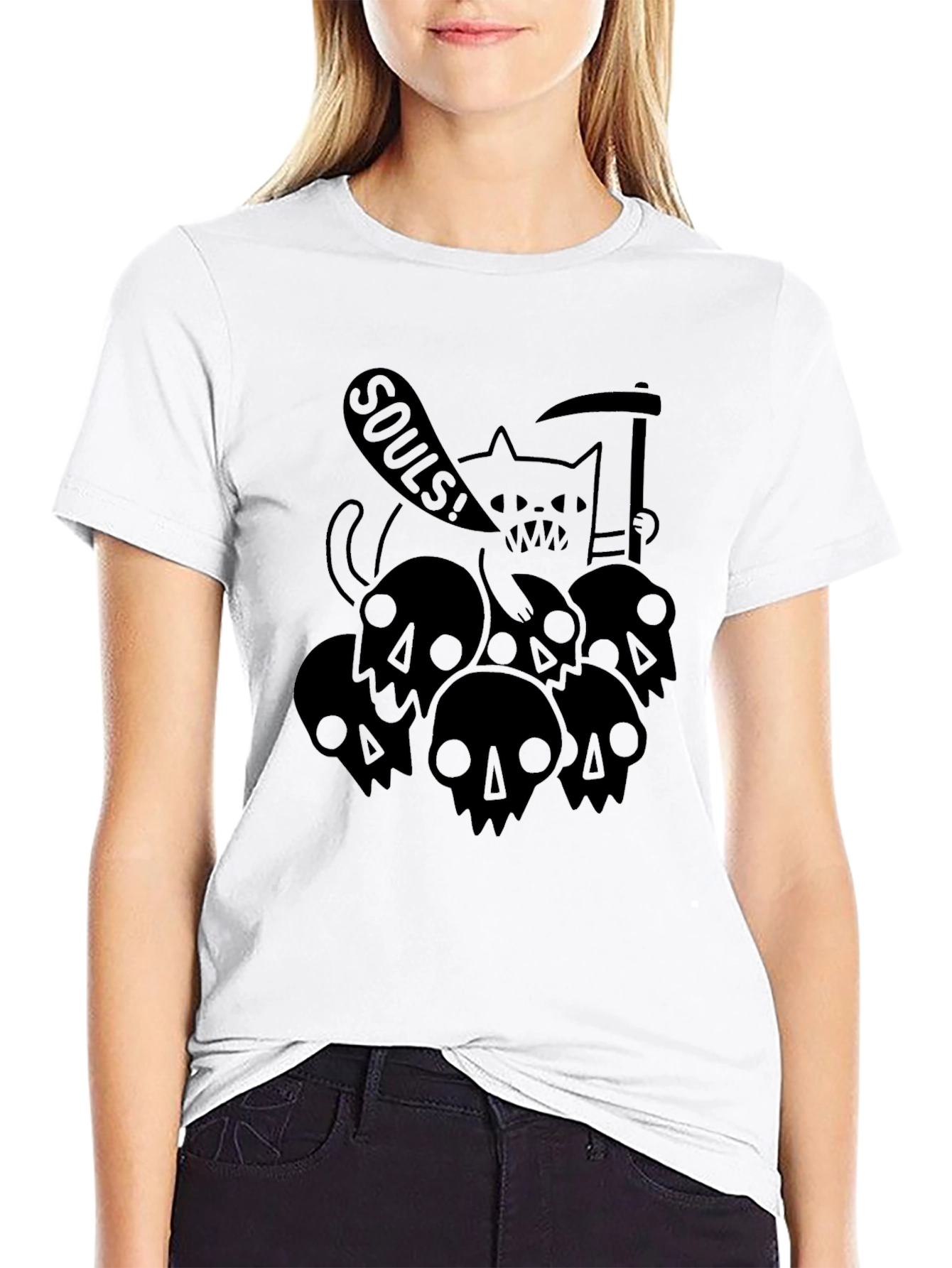 Grim Reaper Cat Souls Graphic Black T-Shirt
