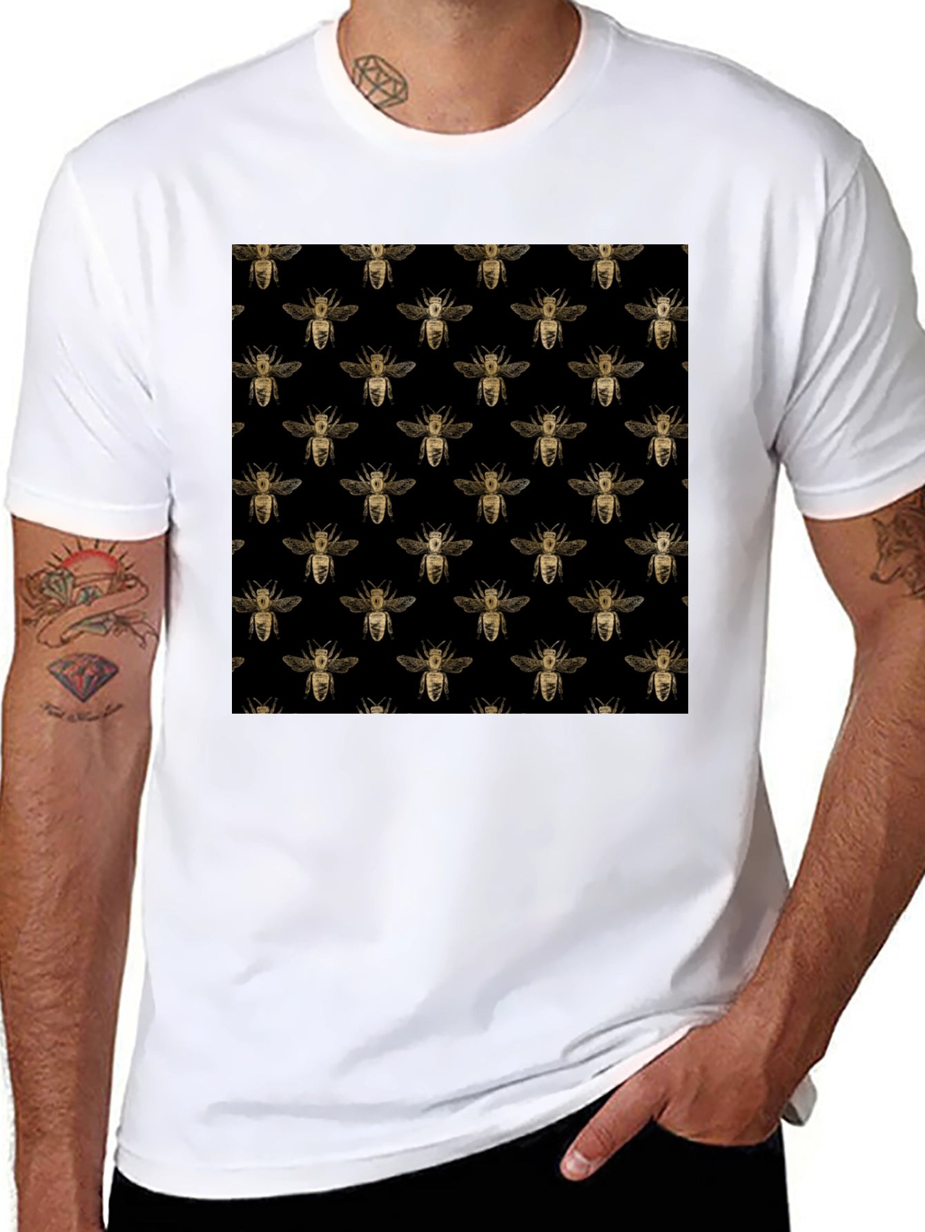 Honey Bee Pattern Black T-Shirt