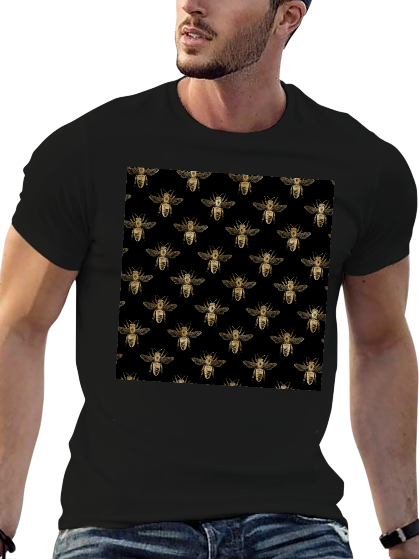 Honey Bee Pattern Black T-Shirt