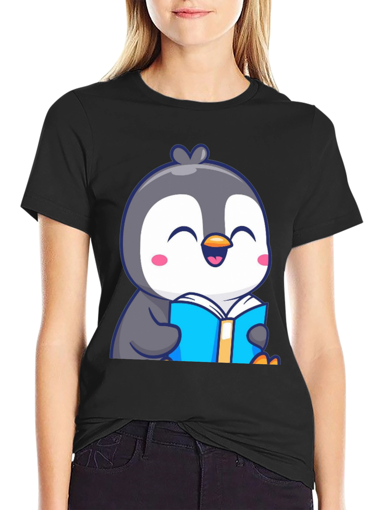 Penguin Reading Book T-Shirt - Cute Cartoon Design