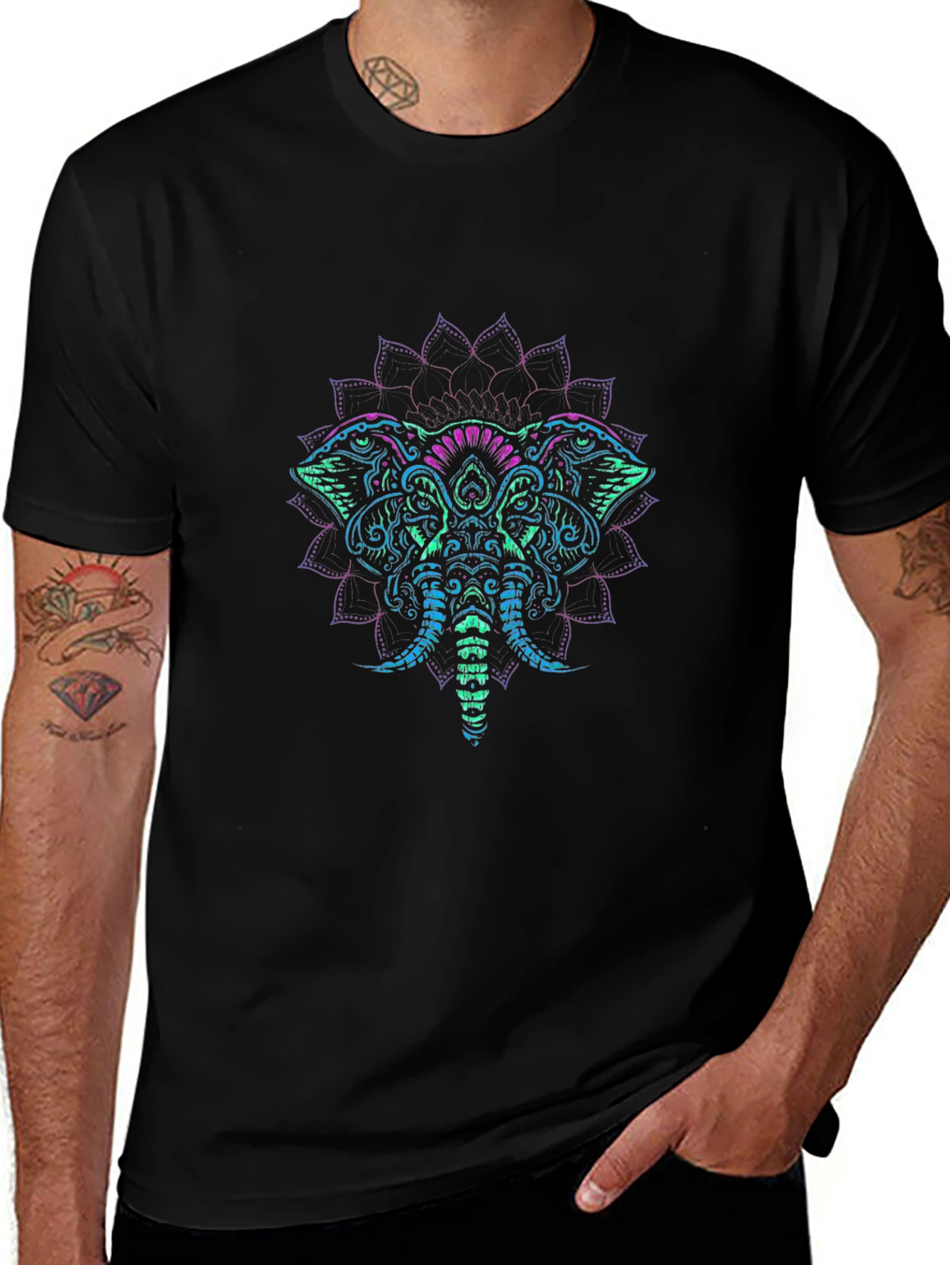 Elephant Mandala Graphic Tee - Black Cotton T-Shirt