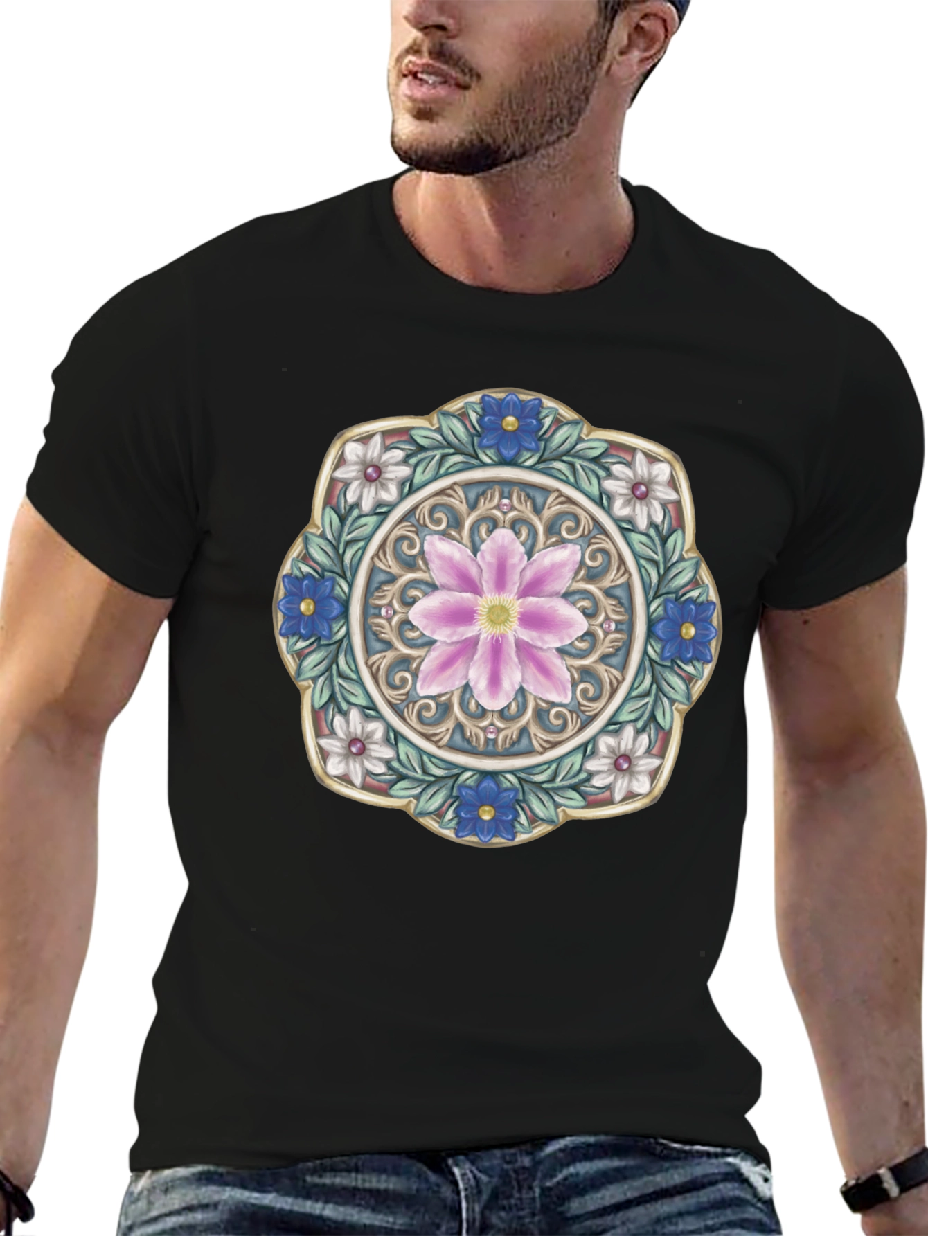 Floral Mandala Graphic Print Mens Black T-Shirt