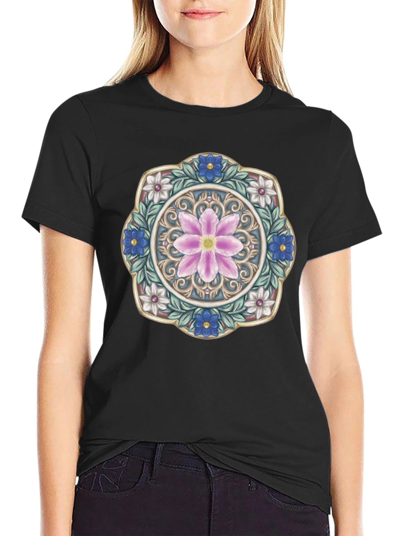 Floral Mandala Graphic Print Mens Black T-Shirt