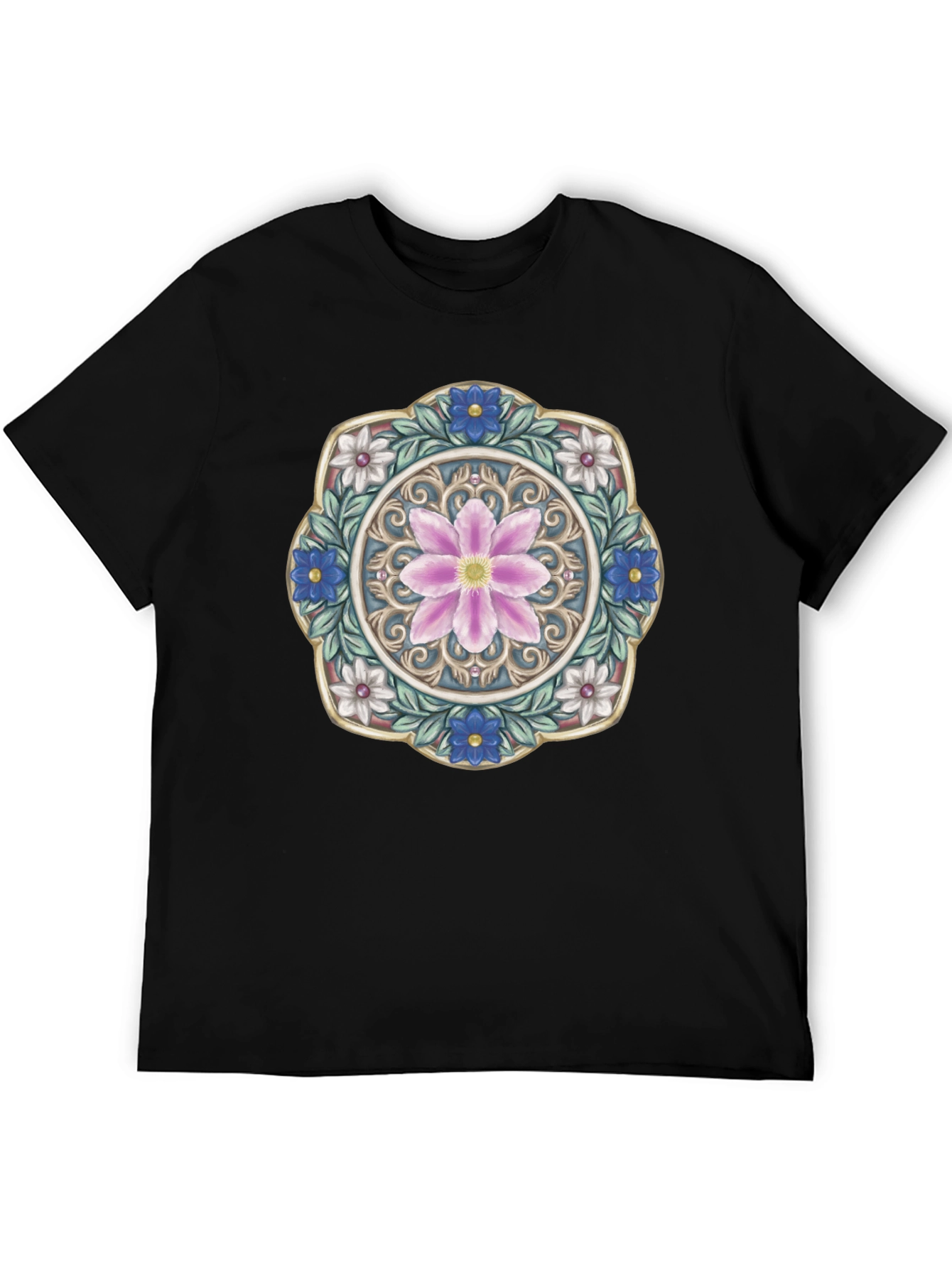 Floral Mandala Graphic Print Mens Black T-Shirt