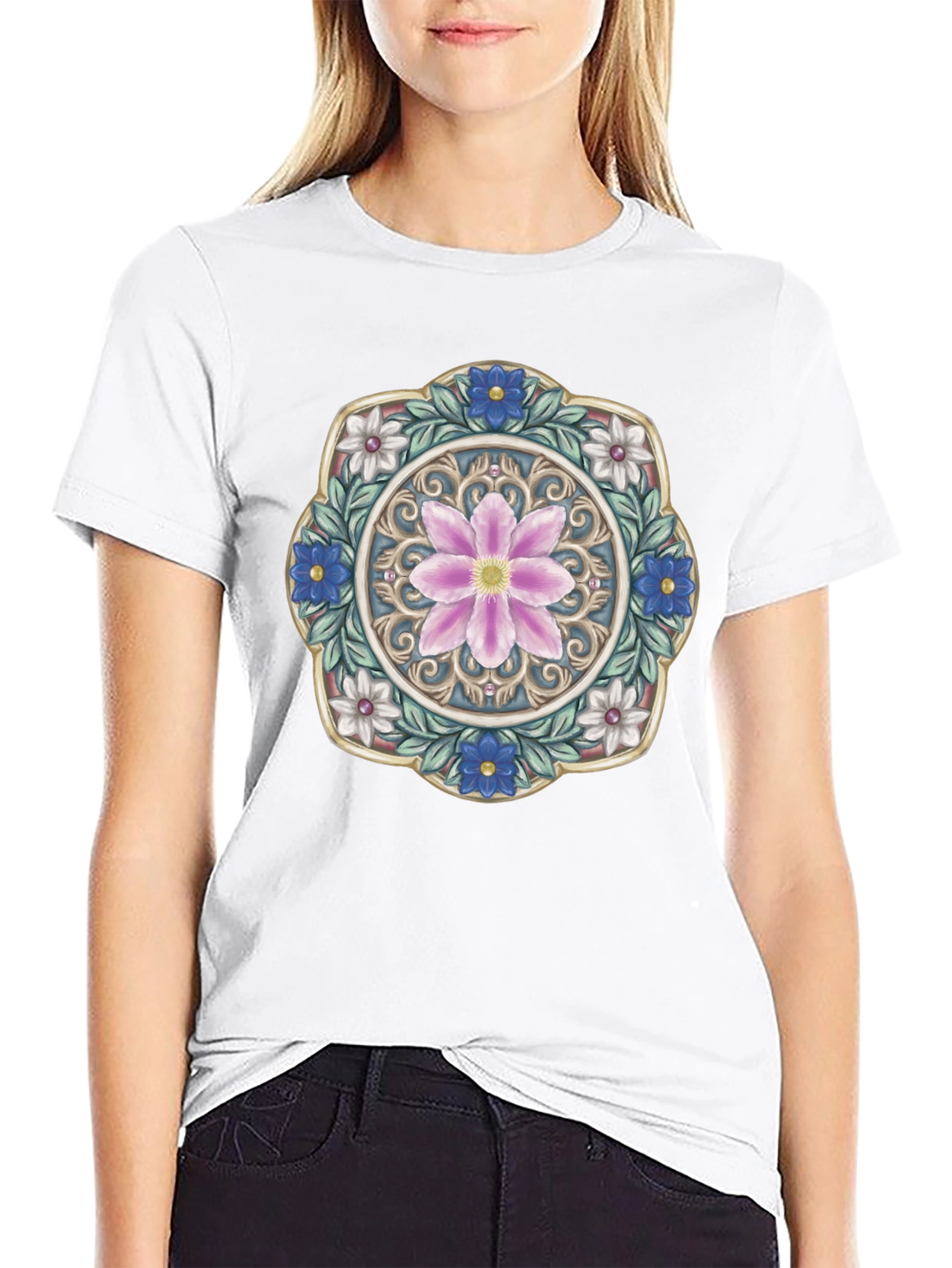 Floral Mandala Graphic Print Mens Black T-Shirt