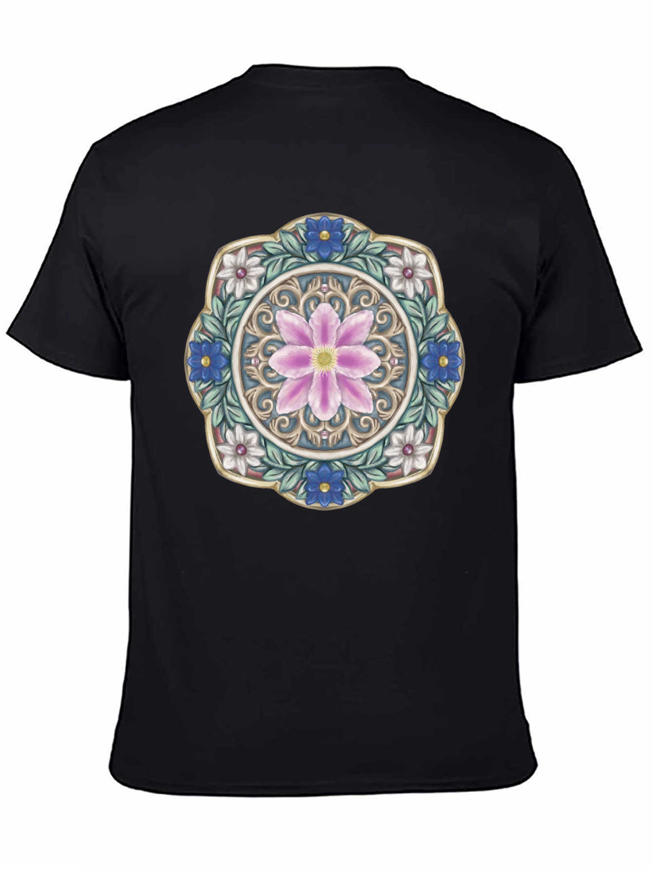 Floral Mandala Graphic Print Mens Black T-Shirt