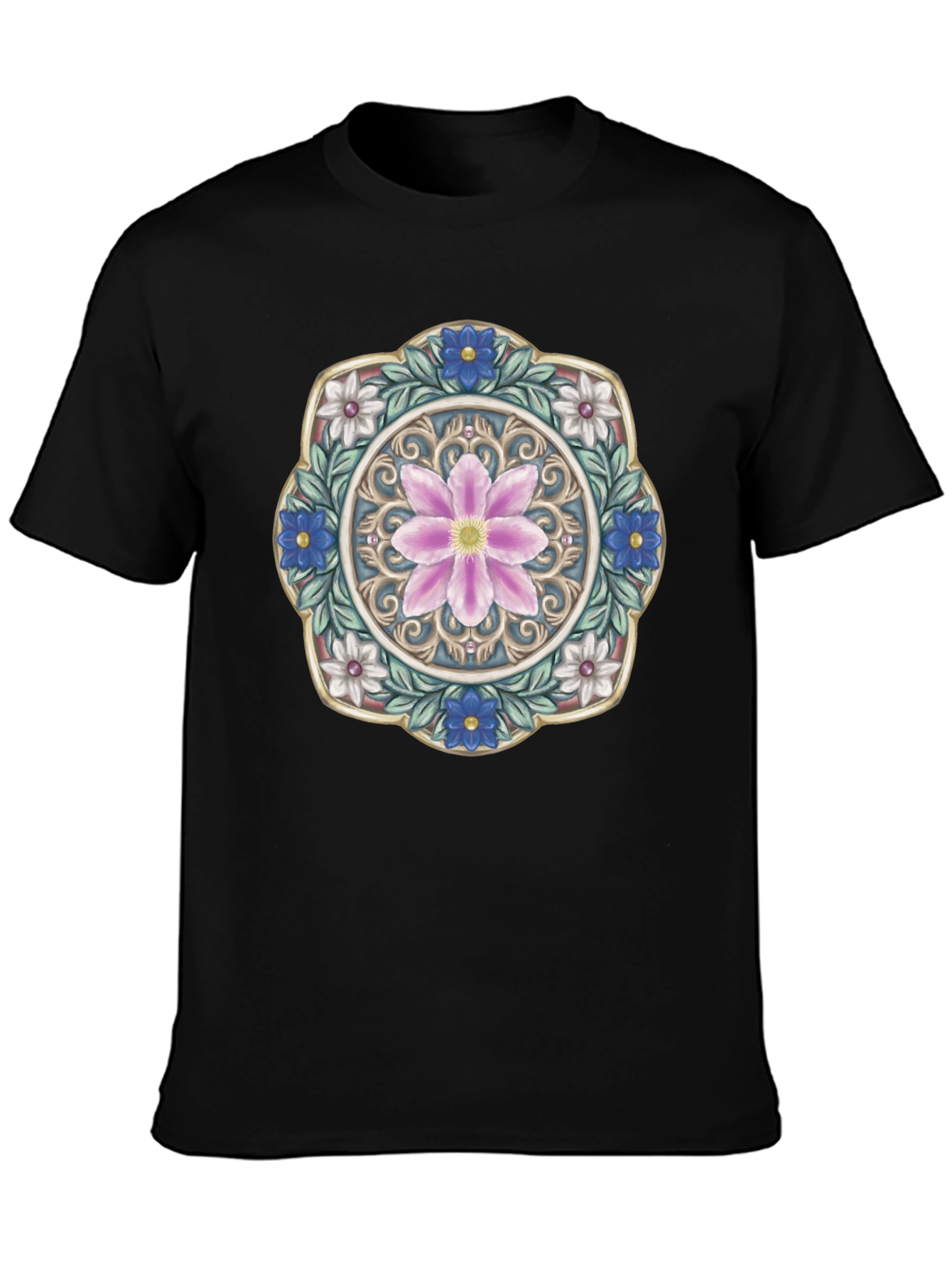 Floral Mandala Graphic Print Mens Black T-Shirt