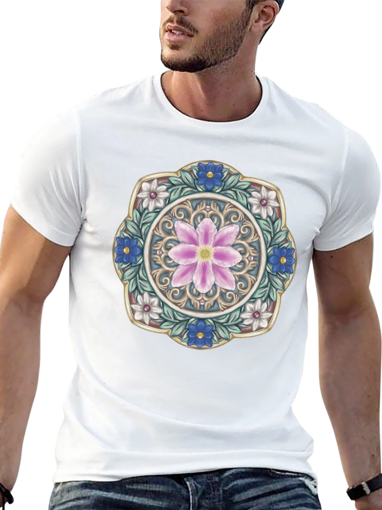Floral Mandala Graphic Print Mens Black T-Shirt