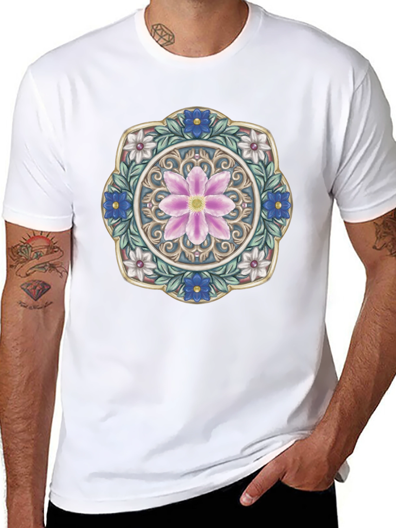 Floral Mandala Graphic Print Mens Black T-Shirt